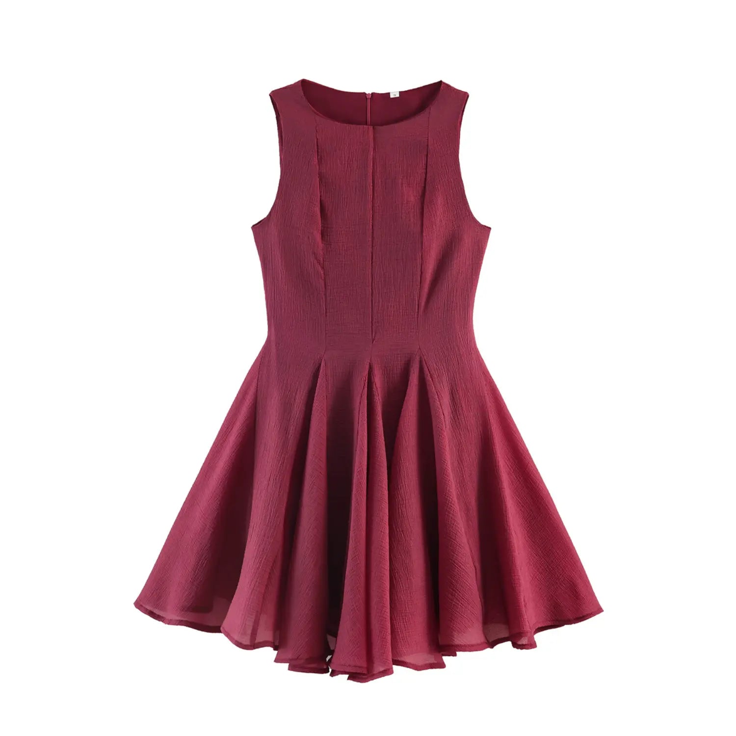 Front full product shot simple round crew neck, cap sleeveless cut, tailored waist shaping, full bouncy A-line mini skirt, solid wine red wrinkle texture