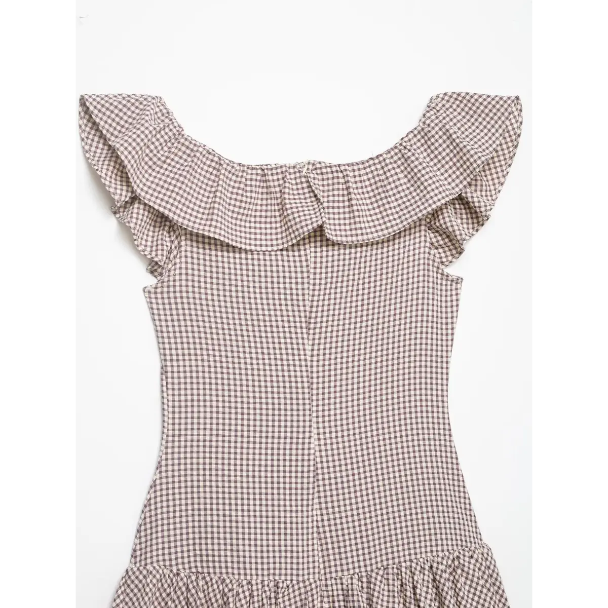 Back view of the mauve gingham dress, showing the ruffled off-the-shoulder neckline and center seam
