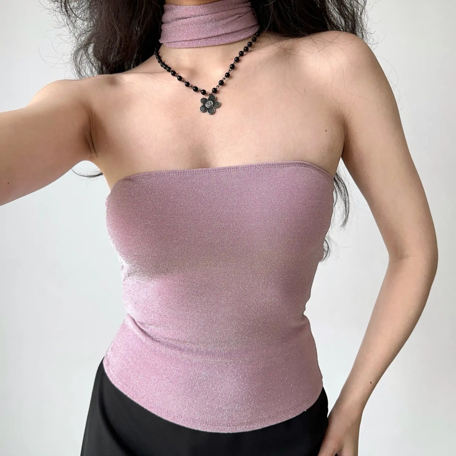 Plain front dusty mauve glitter strapless crop top, stretch ruched waist slim fit women basic layering camisole