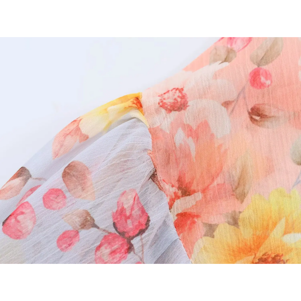 Macro shot of balloon long sleeve stitching on crinkled floral maxi dress