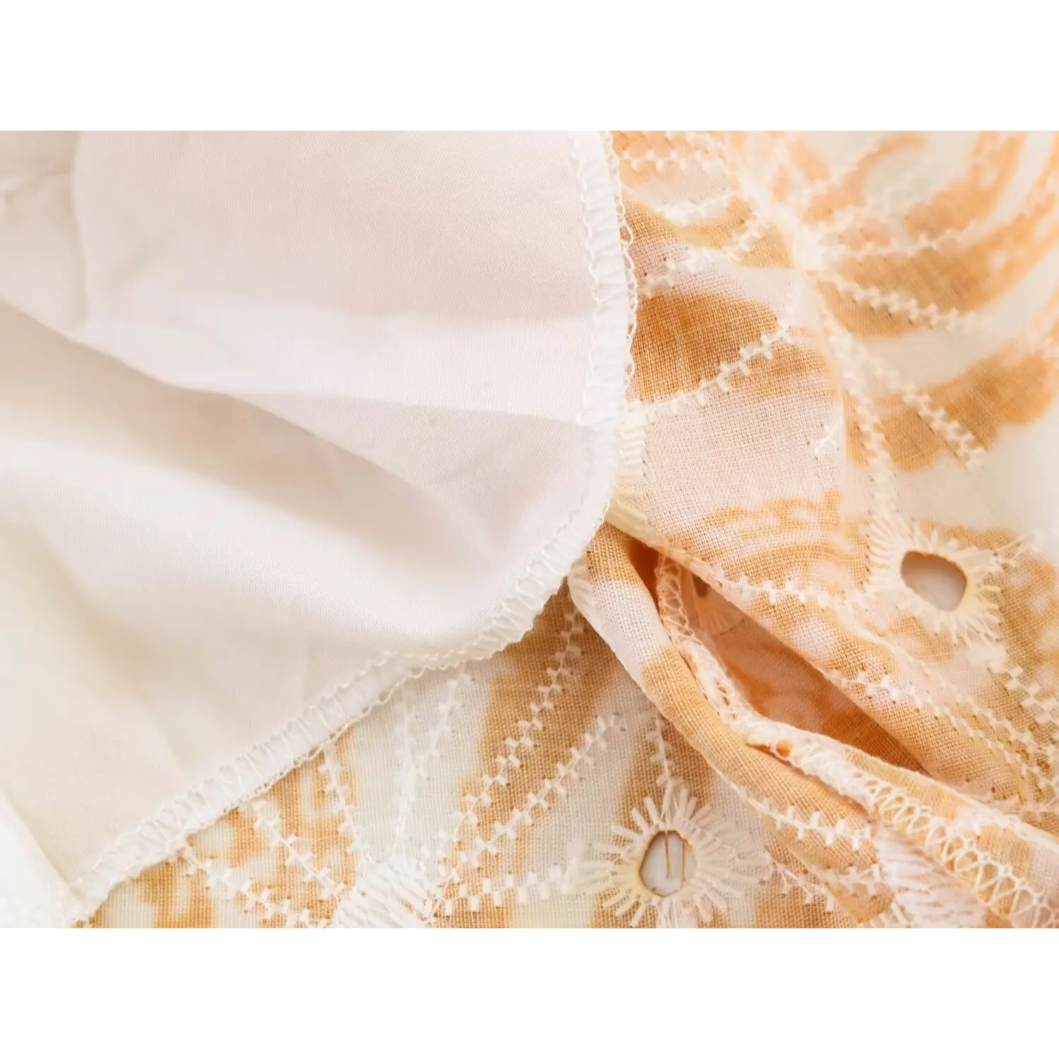 Detailed view of soft inner lining and fine seam construction on long printed maxi dress