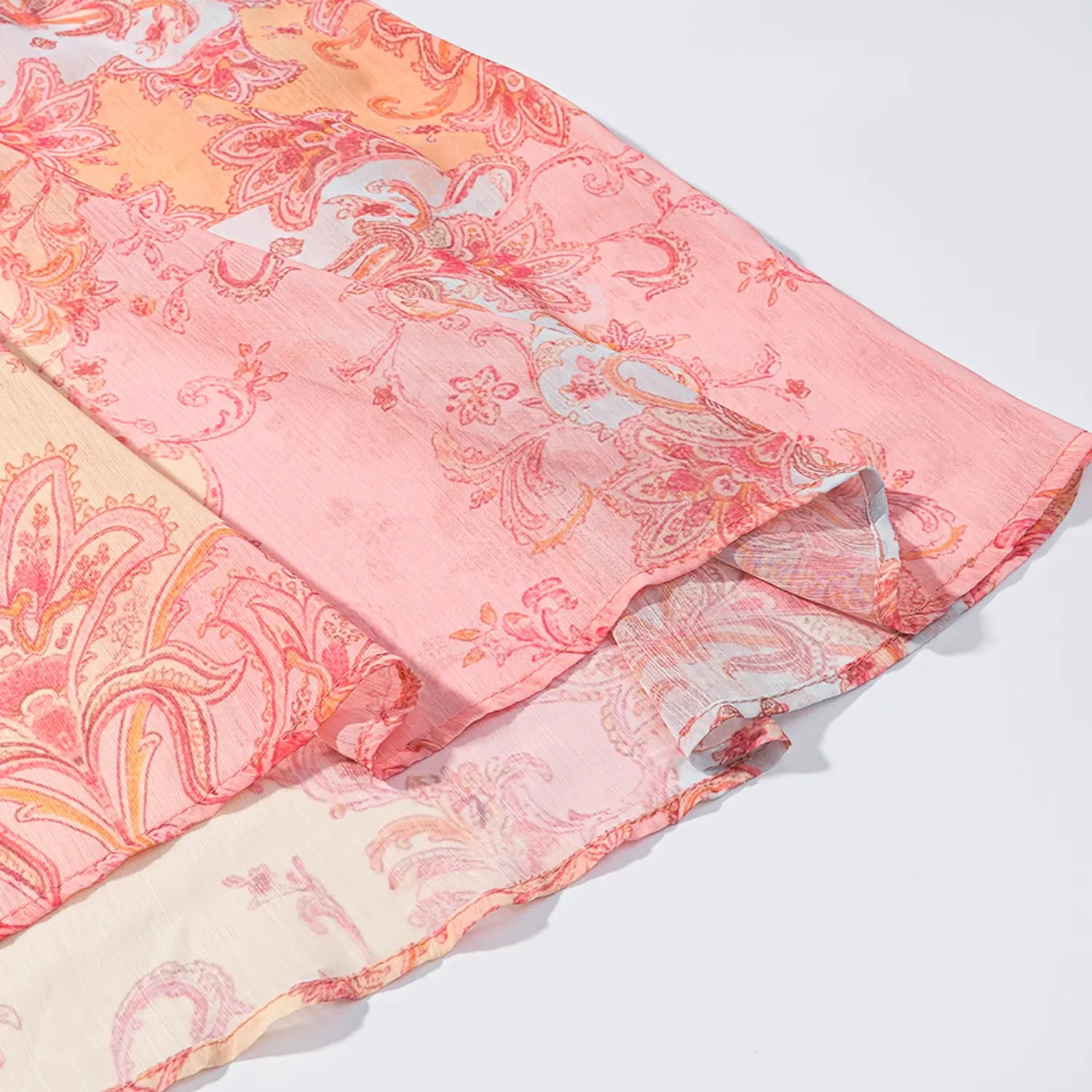 Bottom maxi skirt hem partial shot, double layer sheer chiffon overlay, vintage gradient paisley print