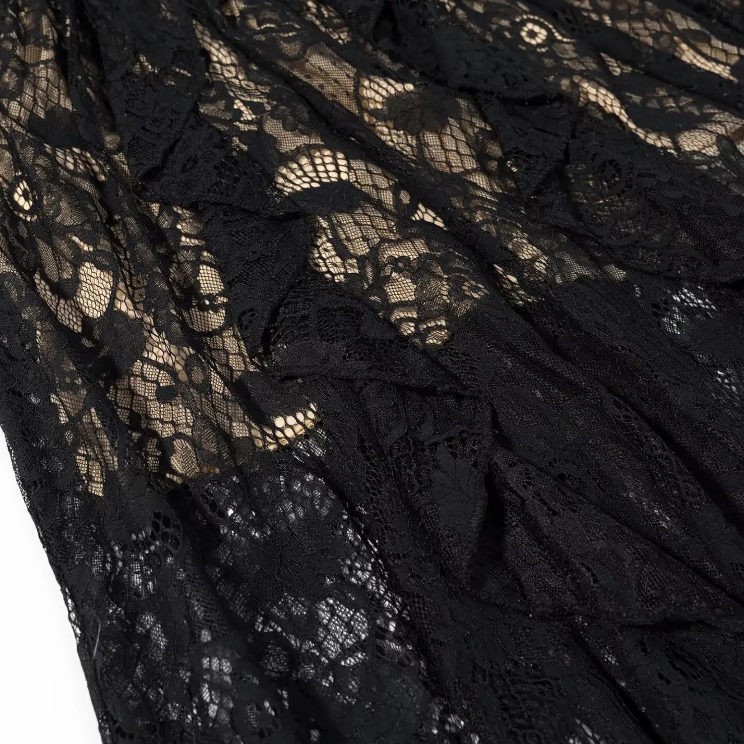 Maxi skirt layered ruffle lace drape flat overview shot, natural loose gather wavy lace hem flowy A-line slimming skirt display