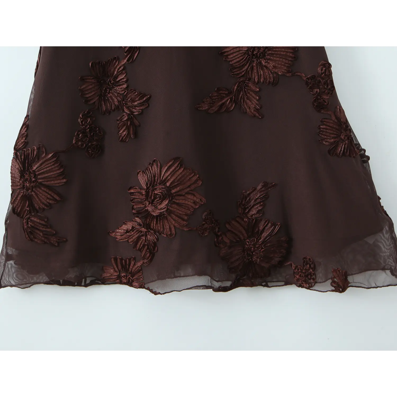 Mermaid flared skirt 3D floral hem flat overview shot, multi-layer sheer mesh splicing 3D flowers along wavy fishtail loose drape slimming skirt display