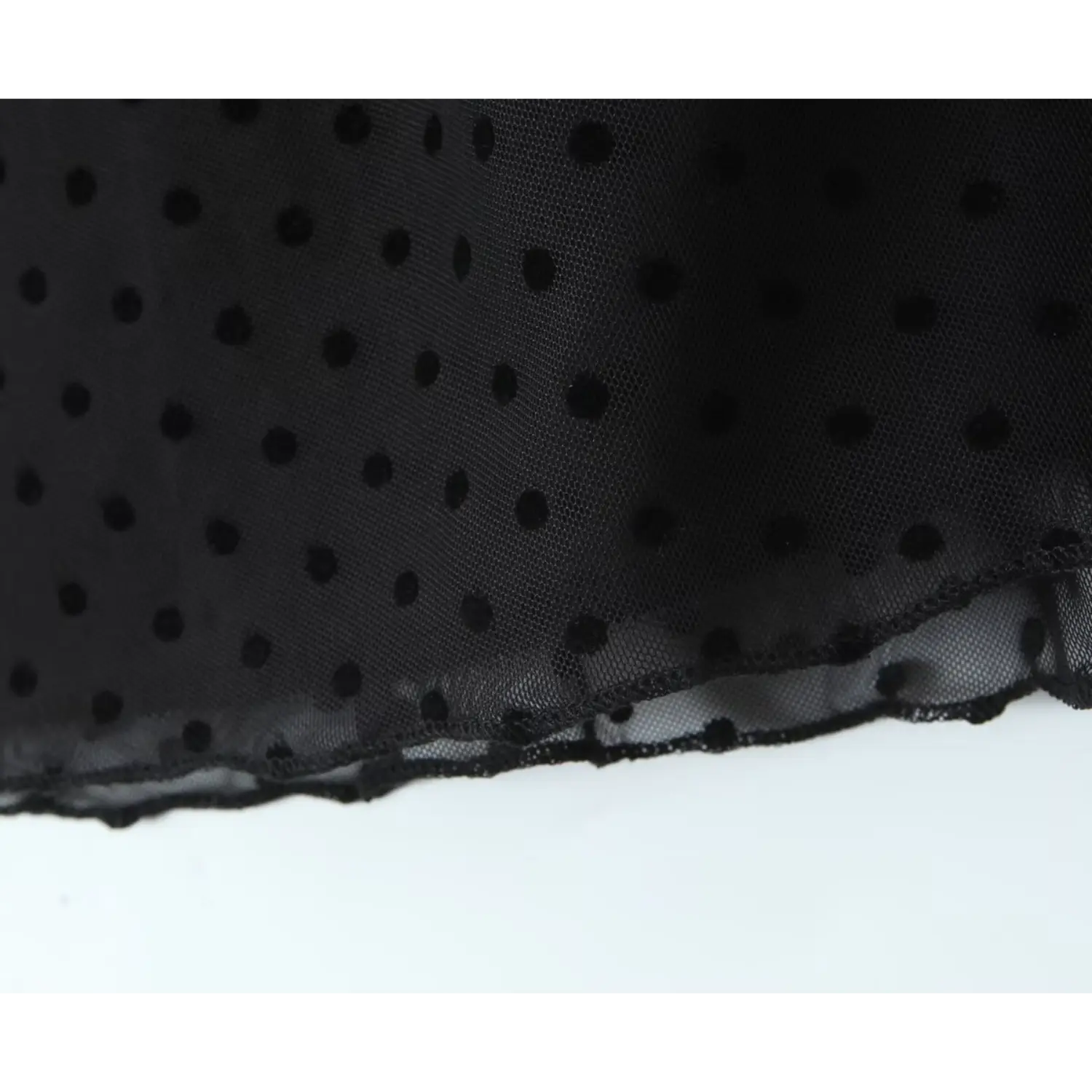 Close‑up scalloped hem edge of black flocked polka dot sheer mesh fabric