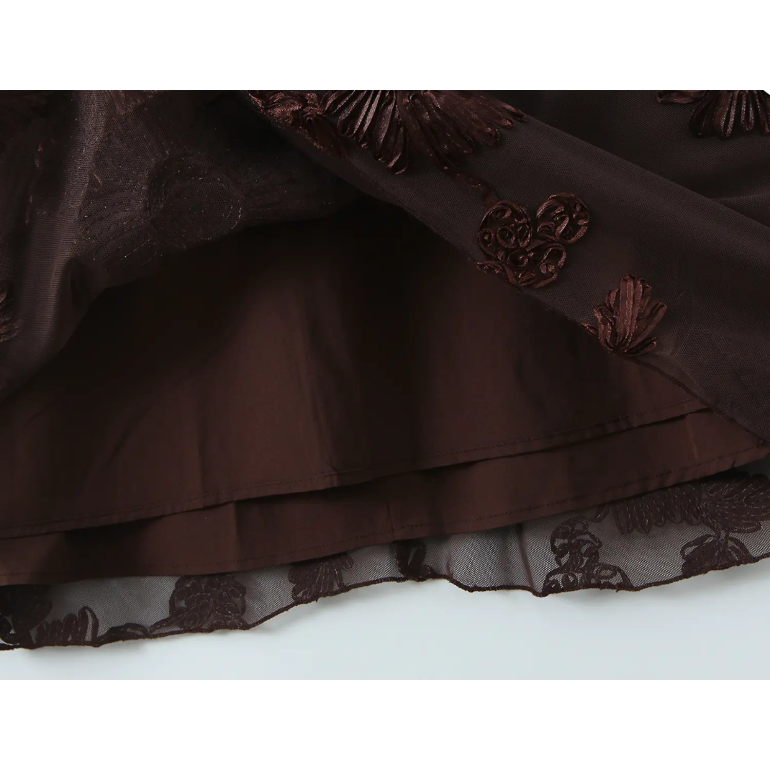 Mesh evening gown full solid lining inner layer macro close-up, matte smooth non-sheer fabric neat serging anti-irritant double see-through proof hem lining craft shot