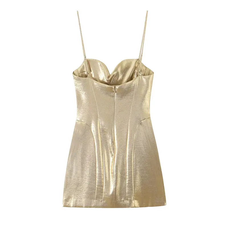 Back flat lay metallic gold slip mini dress, rear invisible center zipper, adjustable slider spaghetti straps, structured waist panel stitching