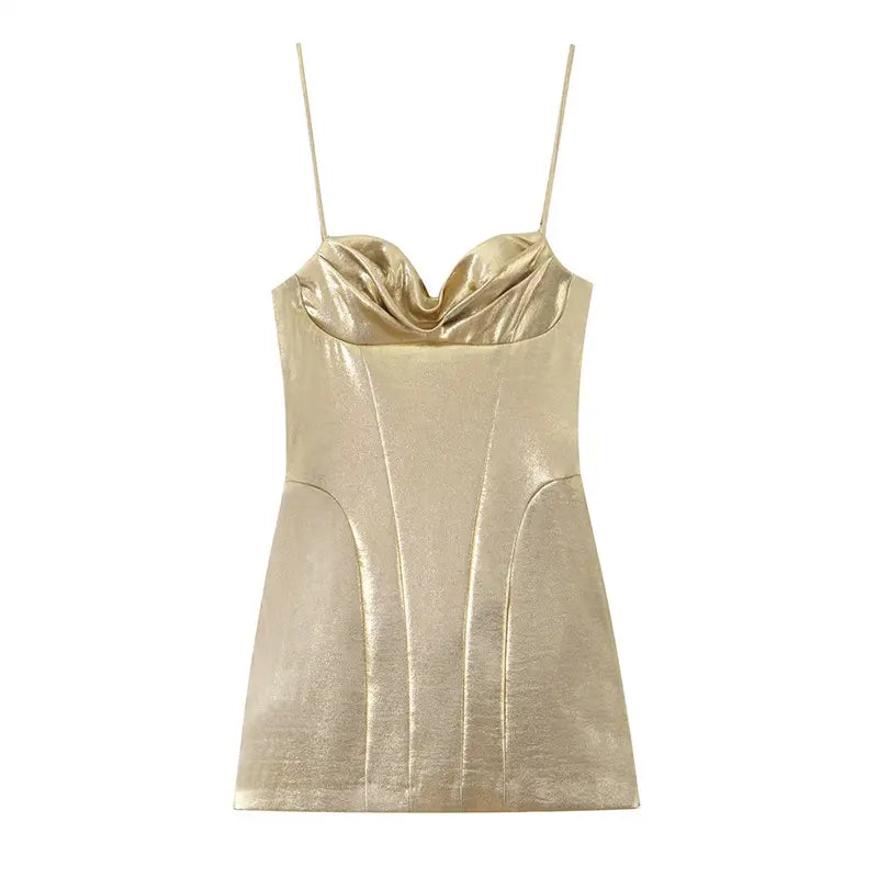 Front flat lay product shot metallic gold mini dress, cowl draped neck, thin adjustable spaghetti straps, corset contour seaming, shiny metallic coated fabric