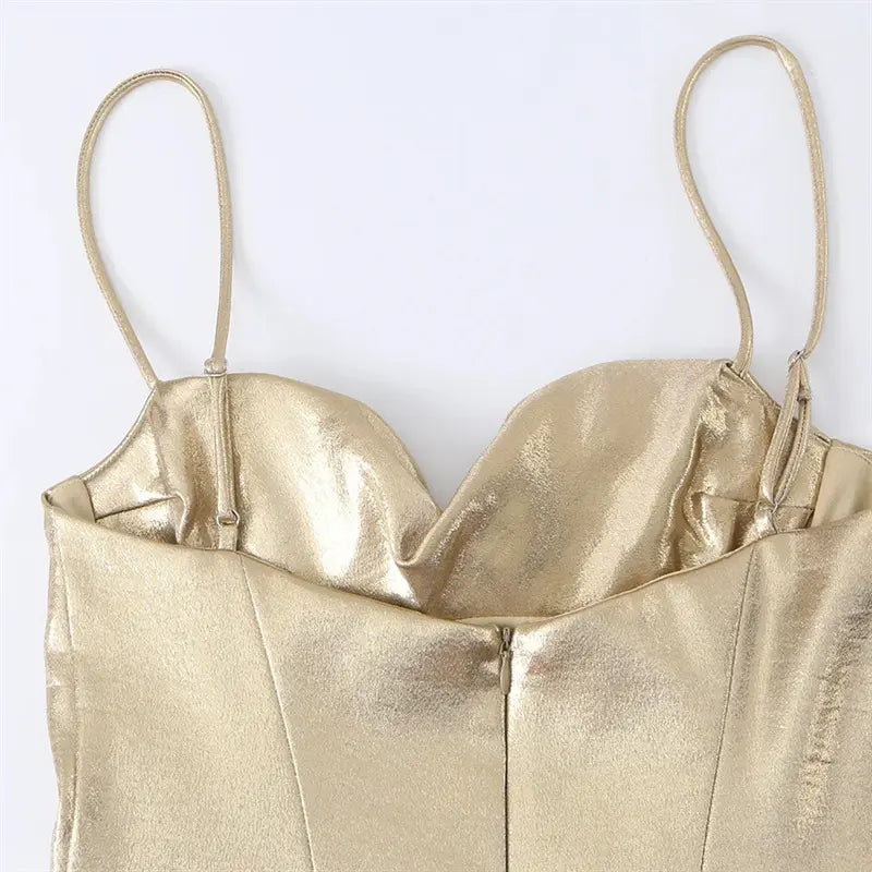 Upper back closeup, adjustable slider spaghetti straps, center back invisible zipper, structured corset panel seams