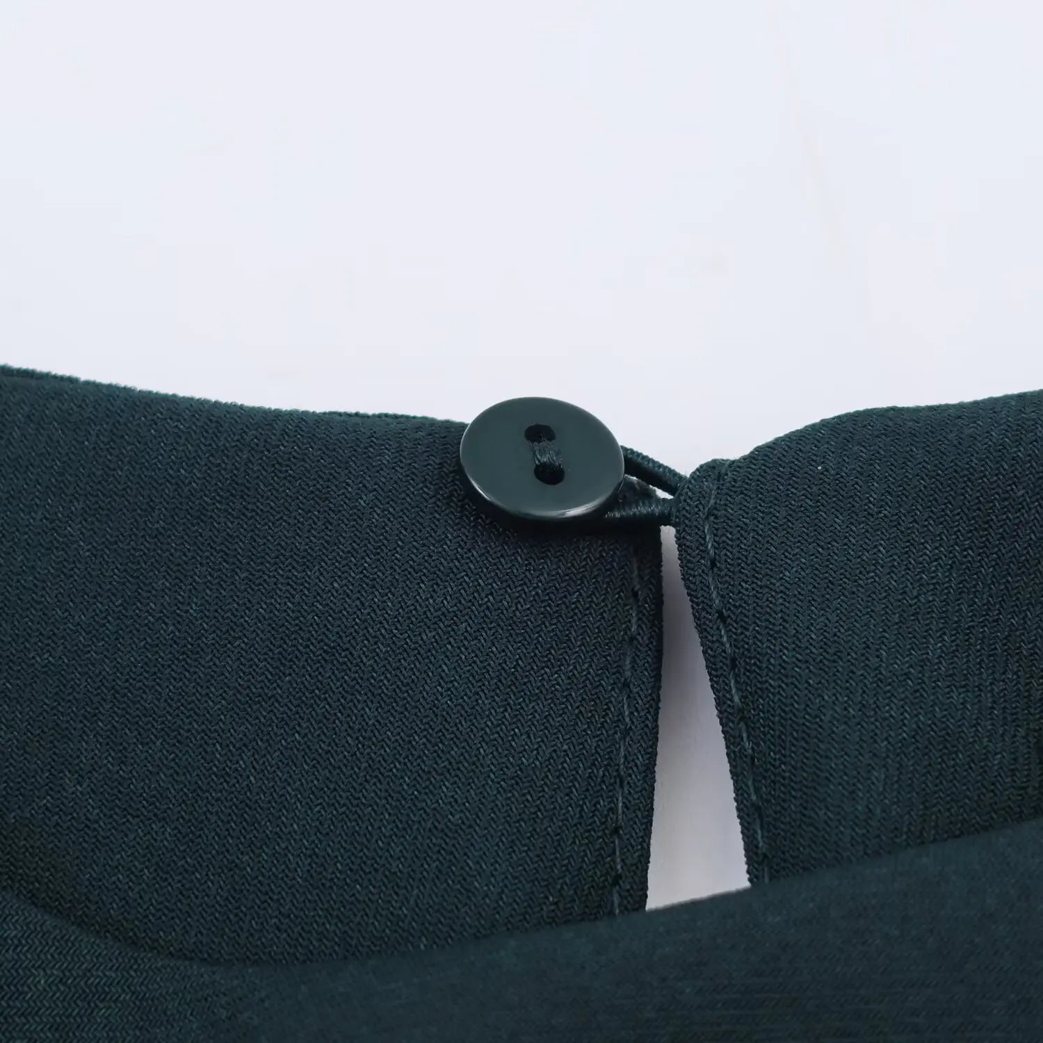 Close‑up of back neck keyhole, round dark teal button closure, neat stitching detail