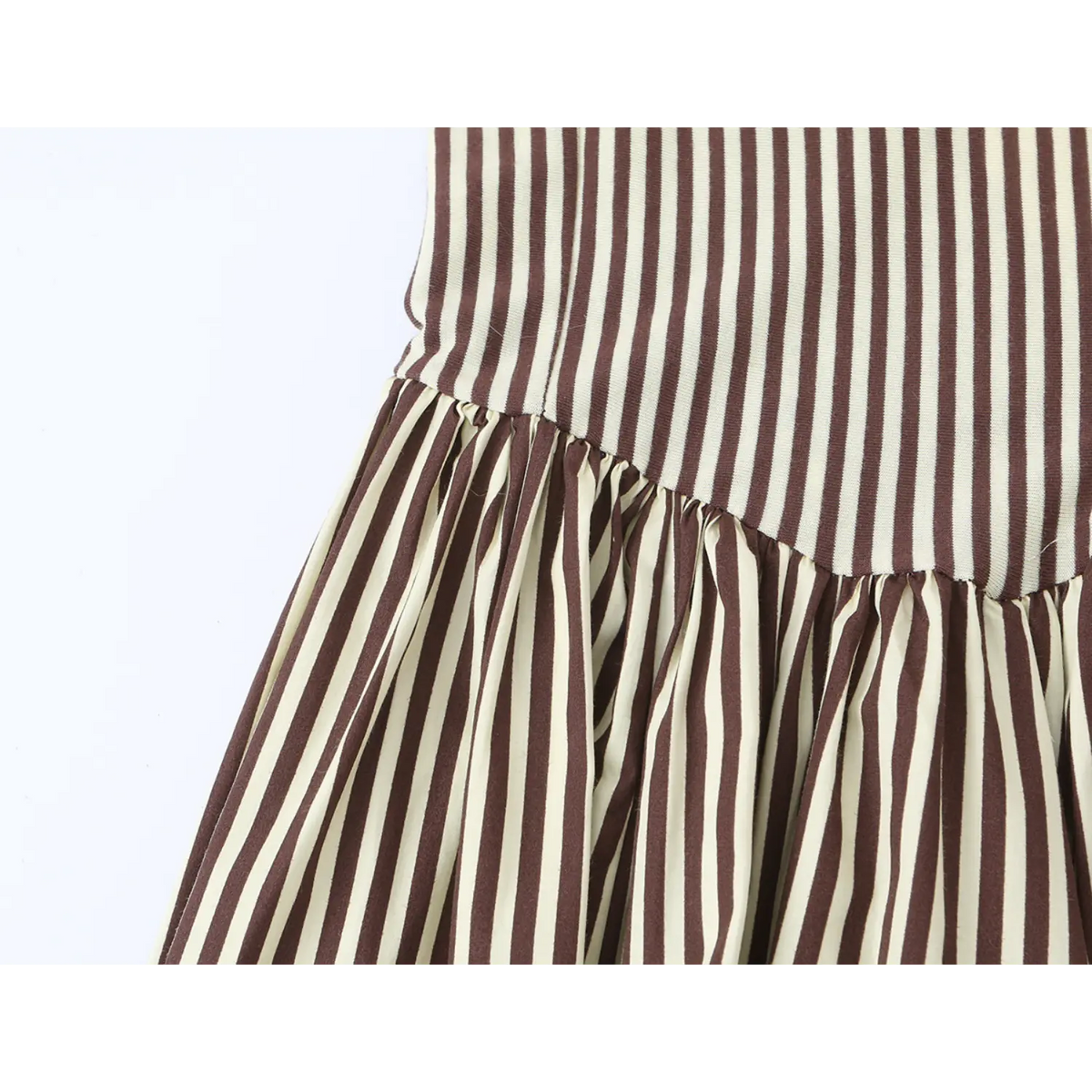 Waist joint ruffle detail of brown white striped spaghetti strap midi dress