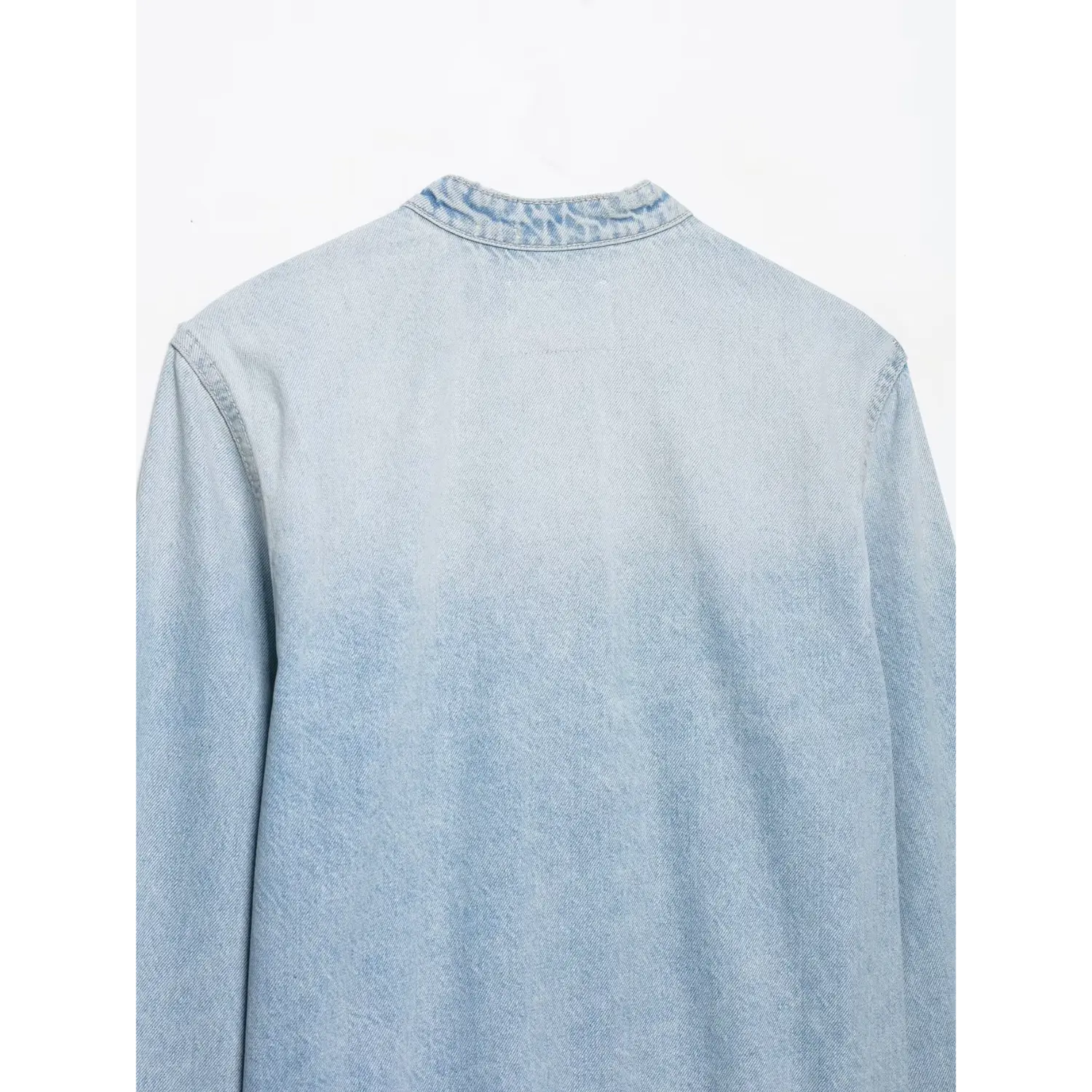 Back full view faded light wash military cropped denim jacket stand collar plain back design