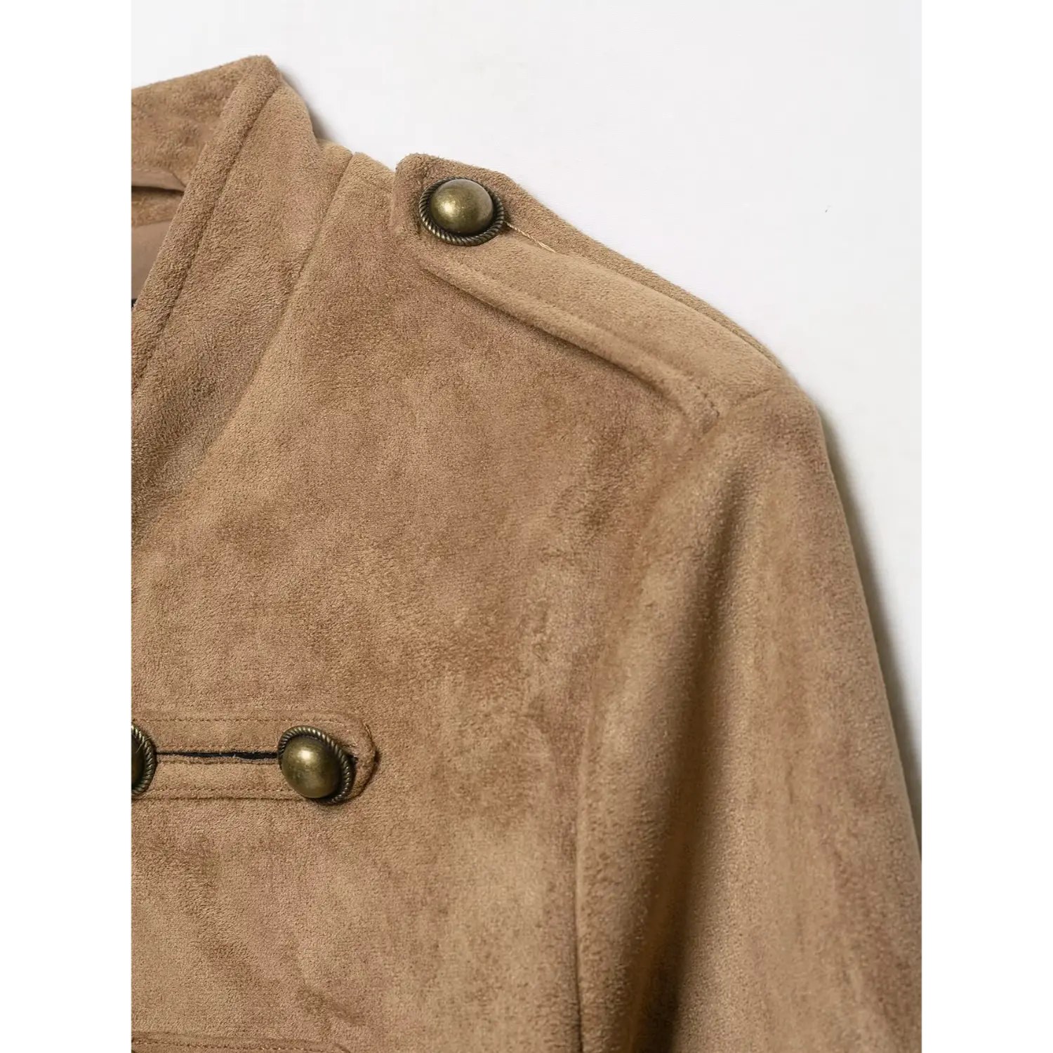 Shoulder epaulet close-up, metal decorative button on khaki faux suede stand collar jacket