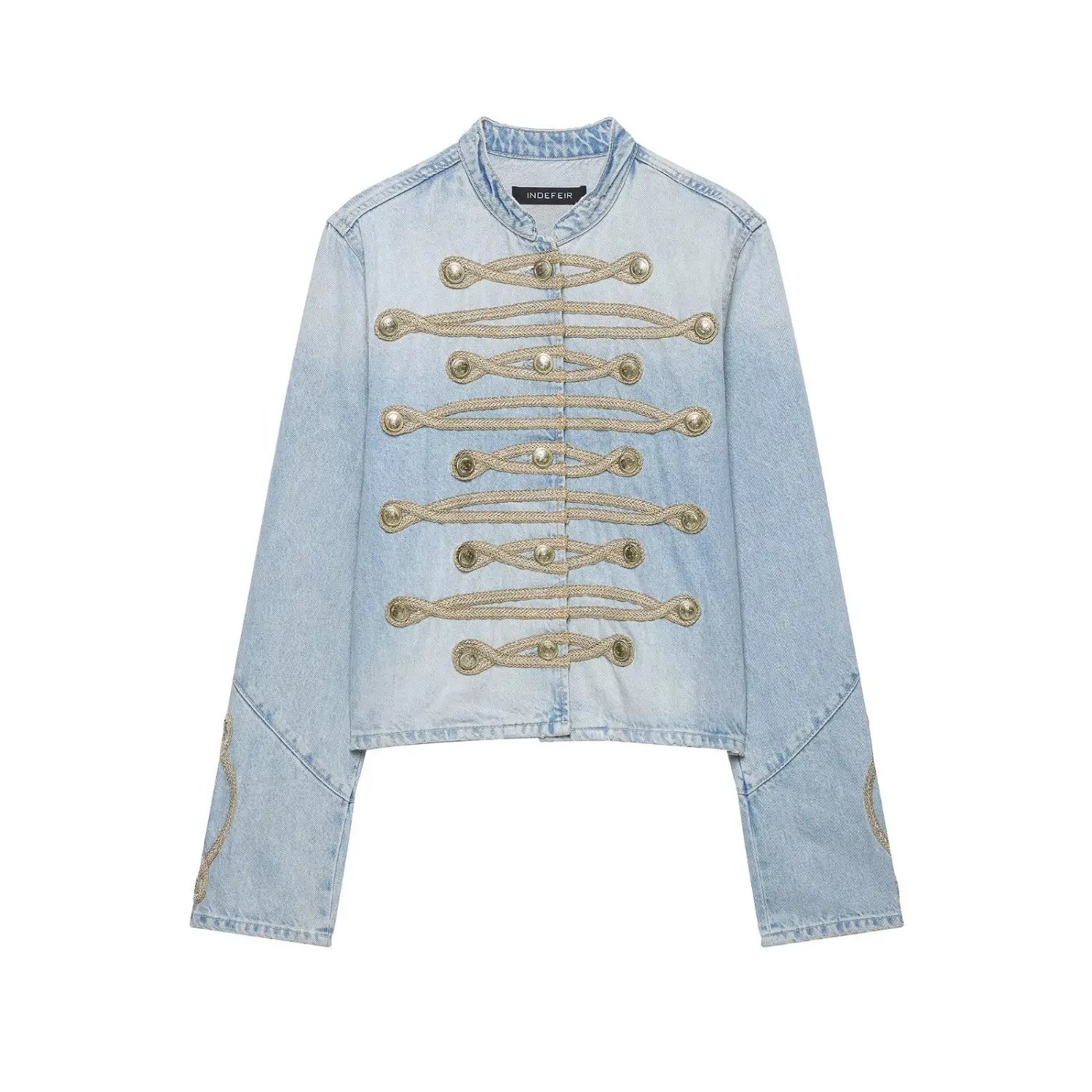 Front view light wash cropped denim military jacket with gold braided trim and decorative metal buttons