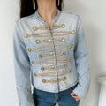 Model wearing light blue military denim jacket, front view decorative gold braiding and antique metal buttons outfit preview