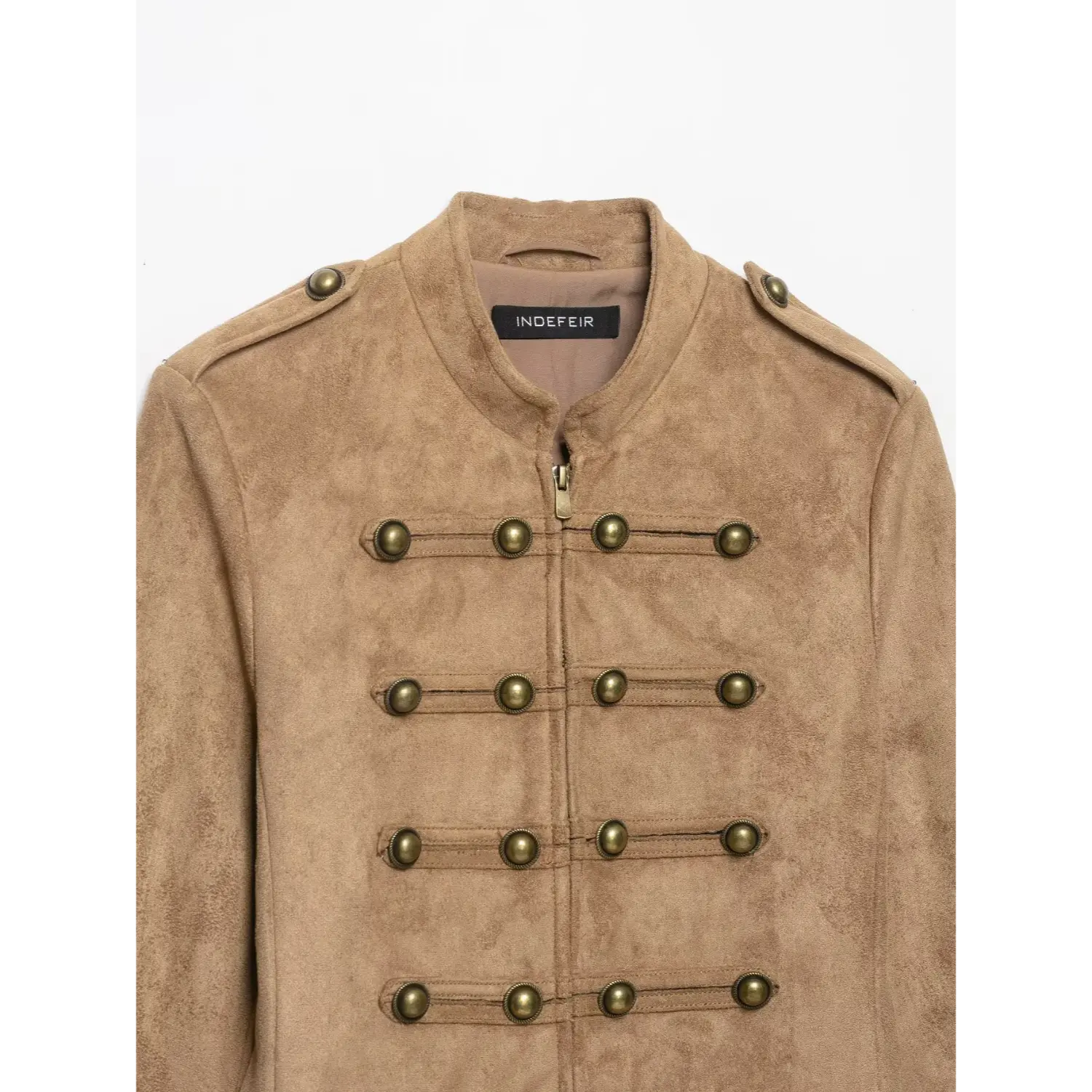 Chest close-up view, double row antique bronze buttons, stand collar khaki suede cropped outerwear
