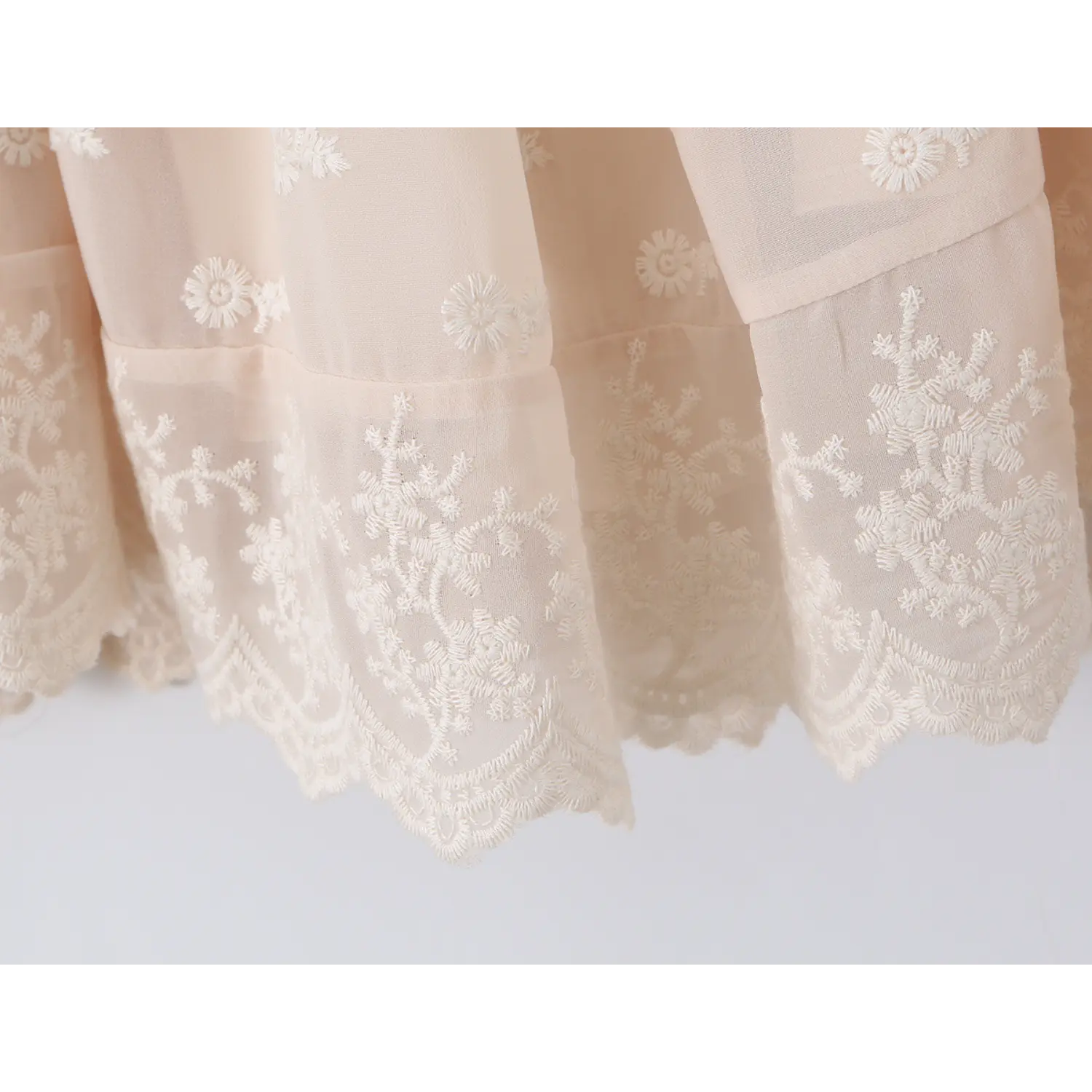 Mini dress bottom double hollow scallop lace hem close-up, dense floral embroidered lace double layer soft drape skirt sewing craft shot