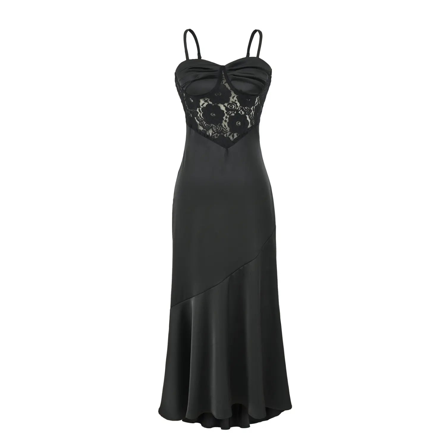 White background full front shot of black lace bust satin slip midi dress, thin spaghetti straps asymmetric layered mermaid skirt for formal occasions