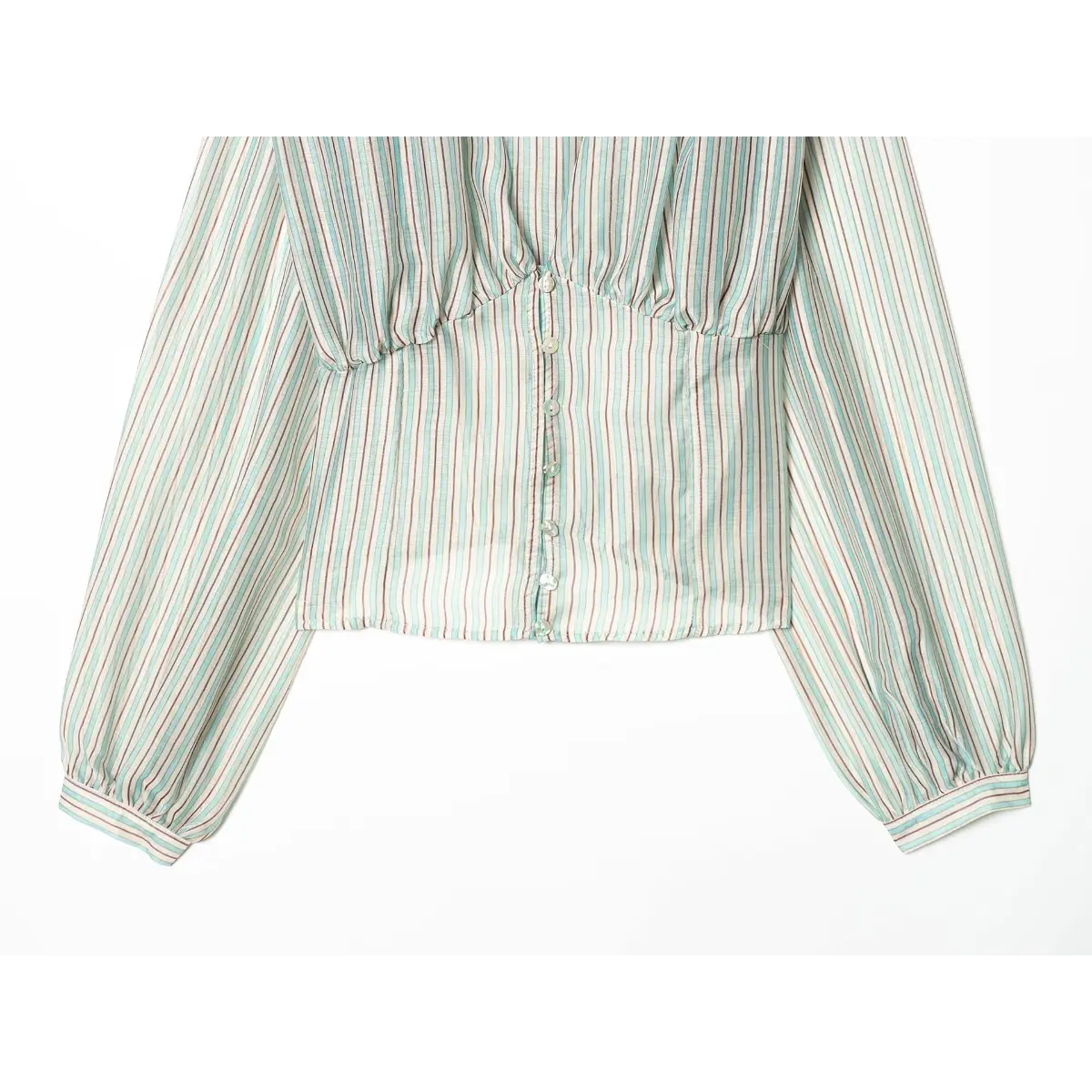 Front view of the mint and brown striped blouse, showing the button-down placket, gathered waist, and balloon sleeves with striped cuffs