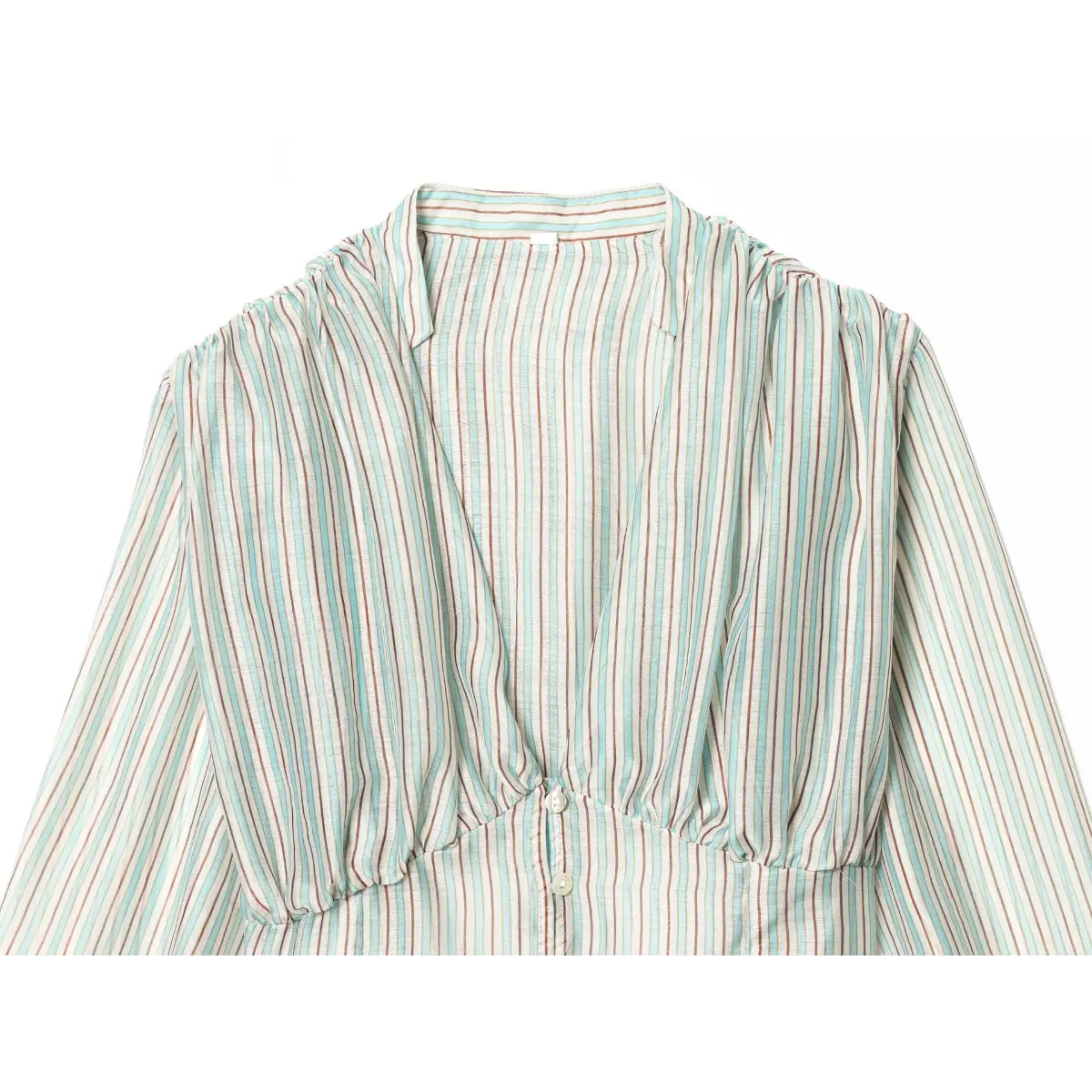 Neckline detail of the mint and brown striped blouse, showing the V-neck with gathered shoulders and wrap-style front