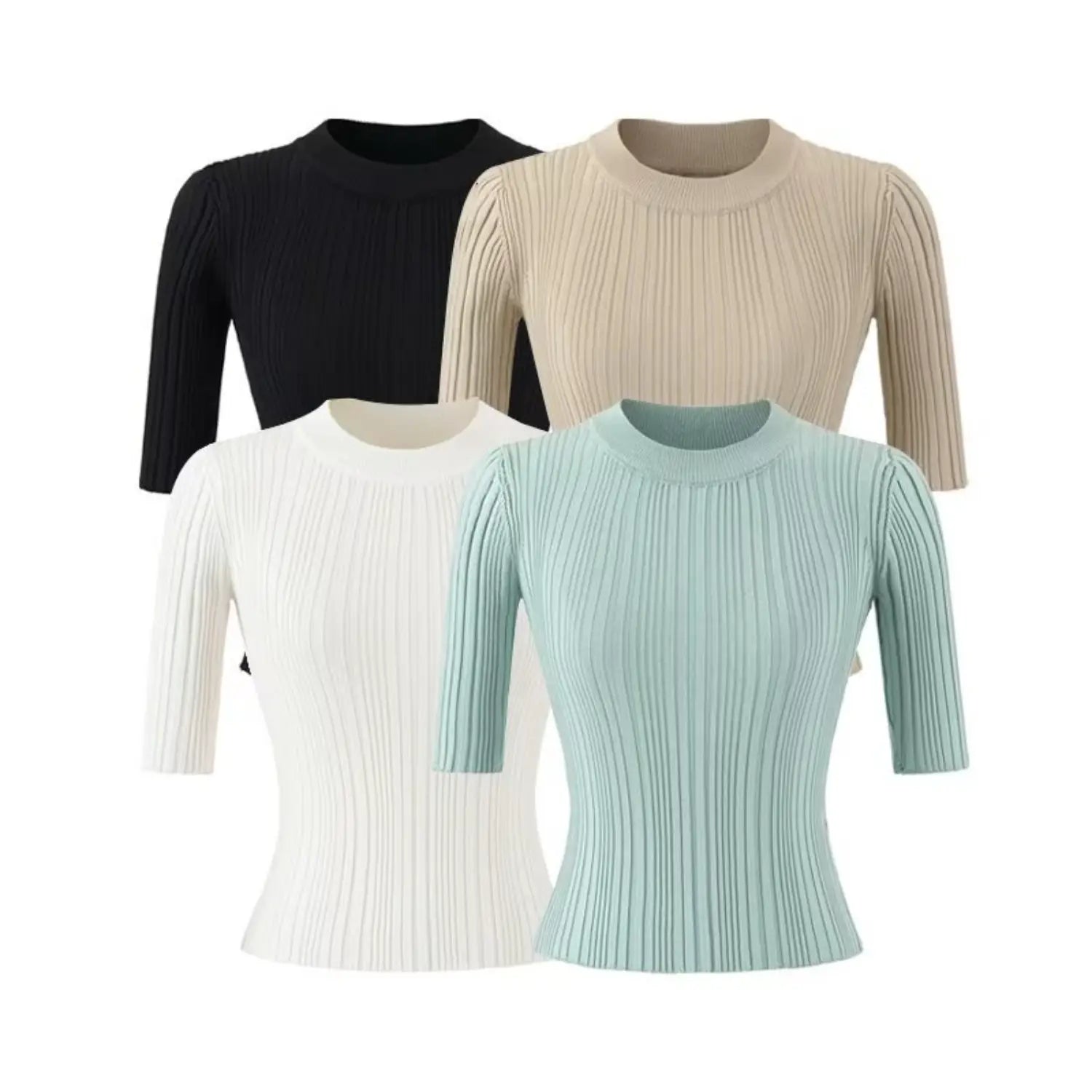 Color collage of crew neck mid sleeve vertical rib knit top, 4 solid colors display