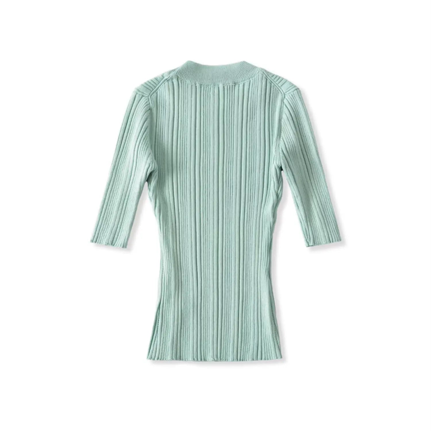 Flat lay back view, mint green crew neck mid sleeve ribbed knit top
