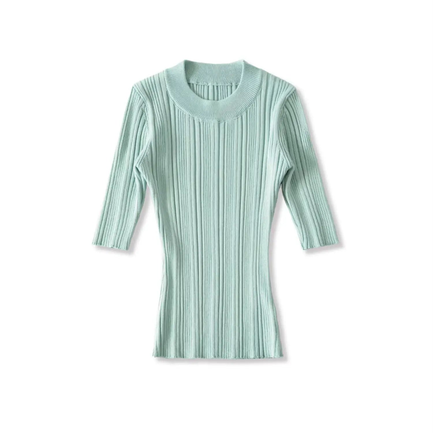 Flat lay front view, mint green crew neck mid sleeve vertical rib knit top
