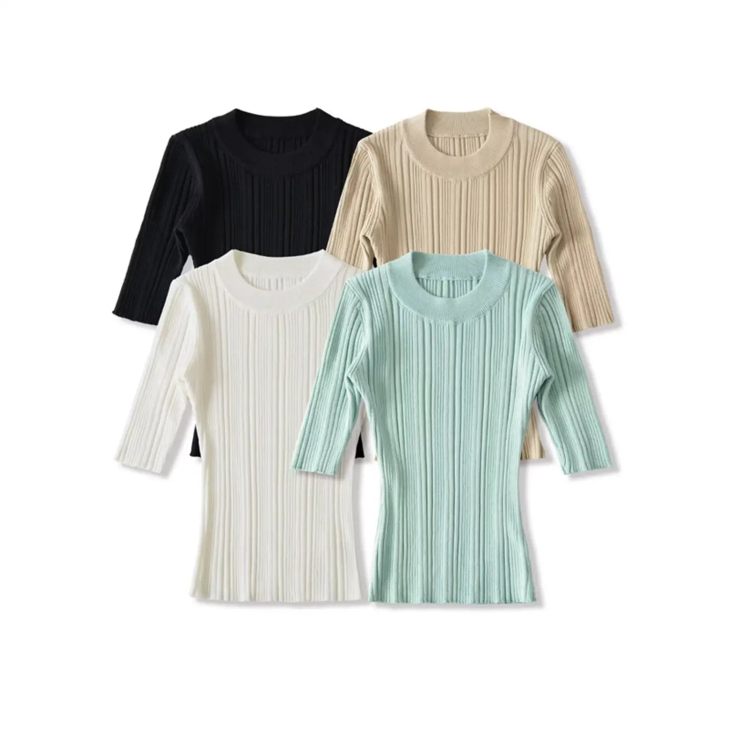 Flat lay group shot, four-color crew neck mid sleeve ribbed knit tops on white background