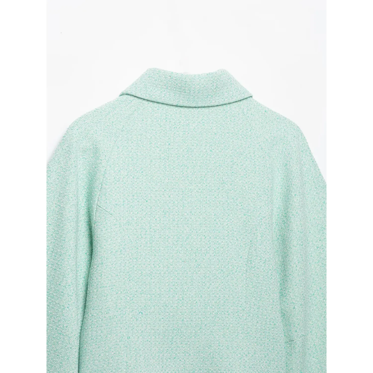 Back full view mint textured tweed jacket, pointed collar, raglan sleeve design