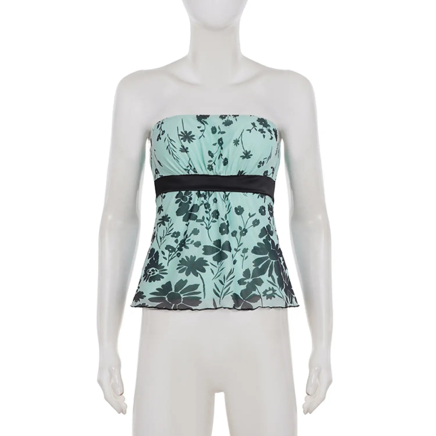 Full front white studio mannequin shot of strapless mesh tube top, mint base with all-over black floral print, elastic gathered bust, wide black satin waist band, ruffled wavy mesh peplum hem, lightweight sheer stretch mesh fabric