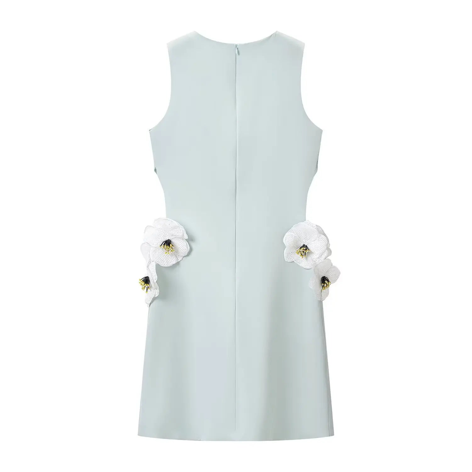 Back view of the mint green sleeveless dress, showing the central back zipper and floral appliqués