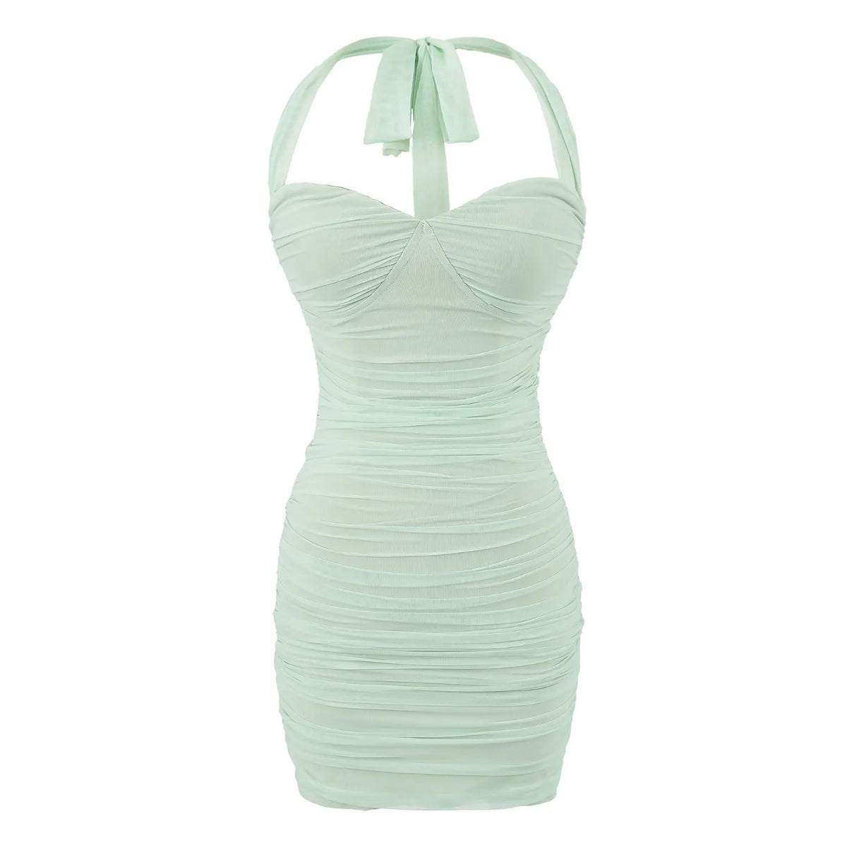 Mint Green halter neck ruched bodycon mini dress, front view, sweetheart bust, self-tie halter bow, mesh ruched fabric