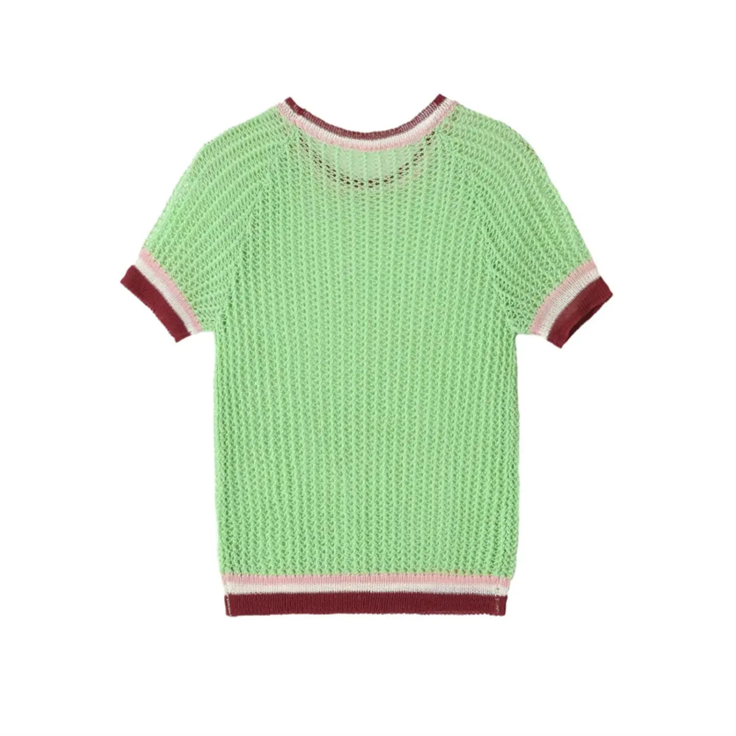 Complete back flat view, solid mint green openwork knit body, matching ribbed neckline and sleeve cuffs, straight cropped hem