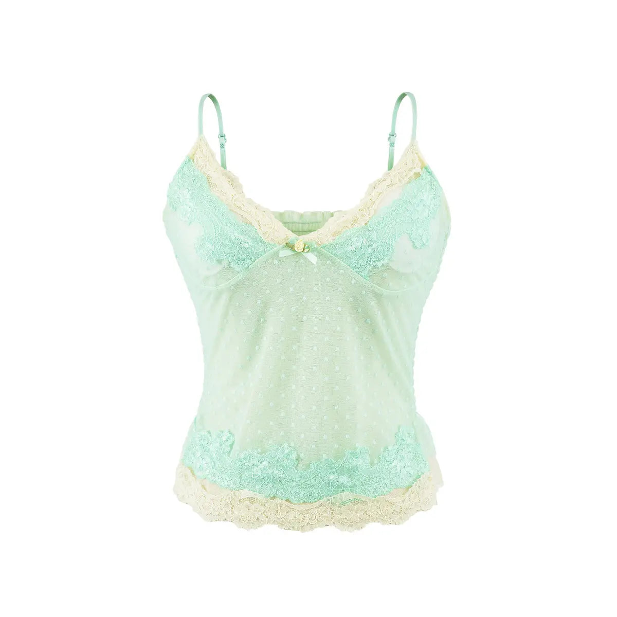 Mint green camisole with heart-patterned mesh, mint and cream lace trim.