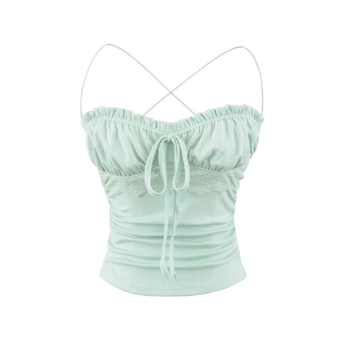 Studio shot of mint green lace-trim cami top, featuring drawstring bust, crisscross straps and side ruching.