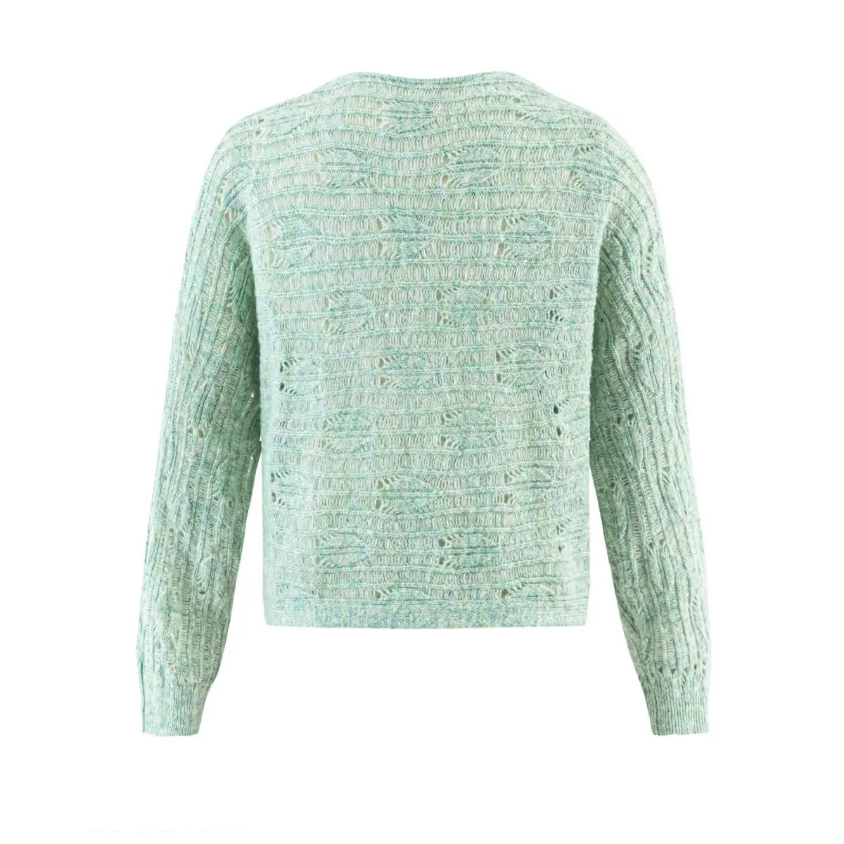Back view of a mint green openwork knit cardigan, displaying the full lace pattern across the back and sleeves, isolated on a white background.