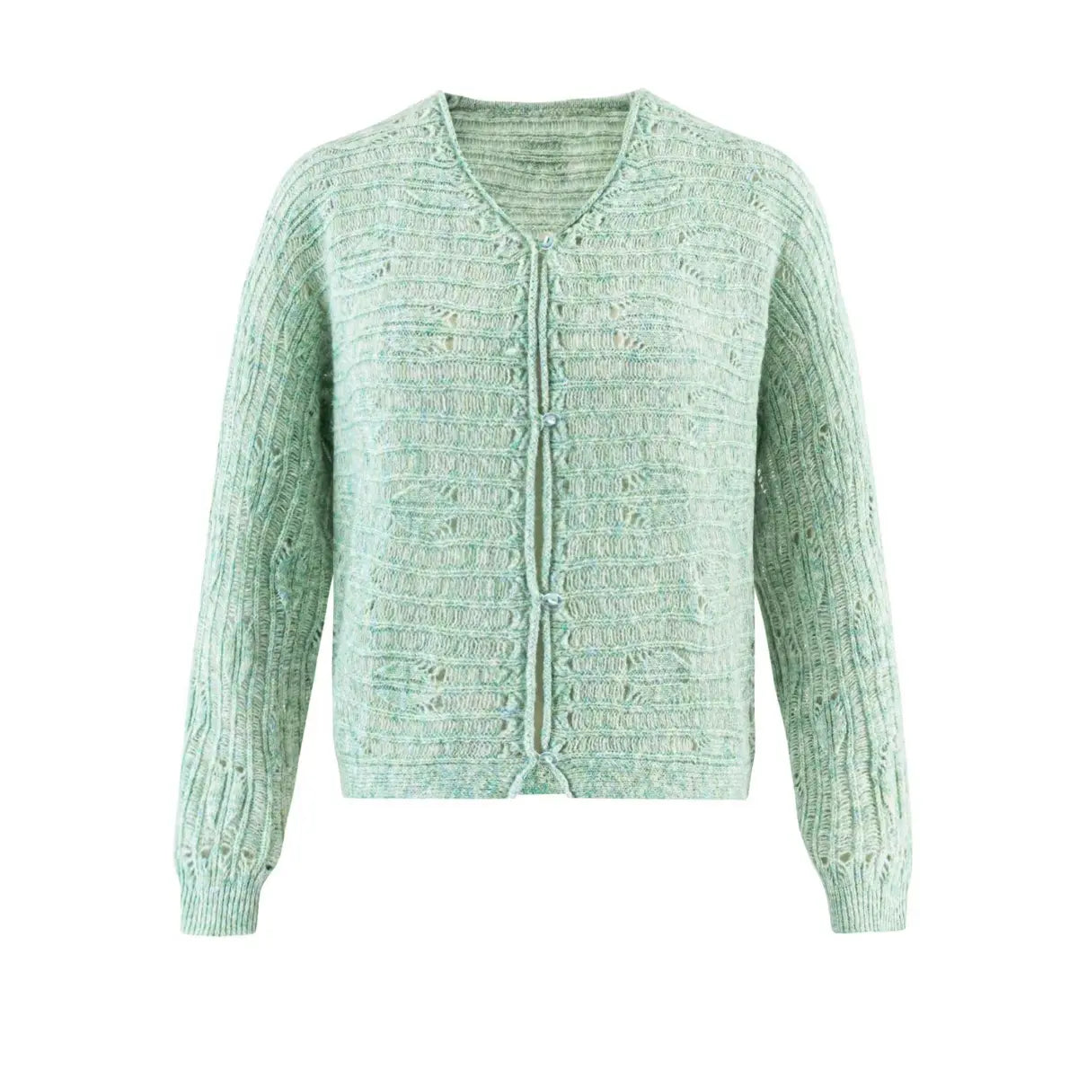  Front view of a mint green openwork knit cardigan with a V-neckline, transparent buttons, and a textured pattern, isolated on a white background.