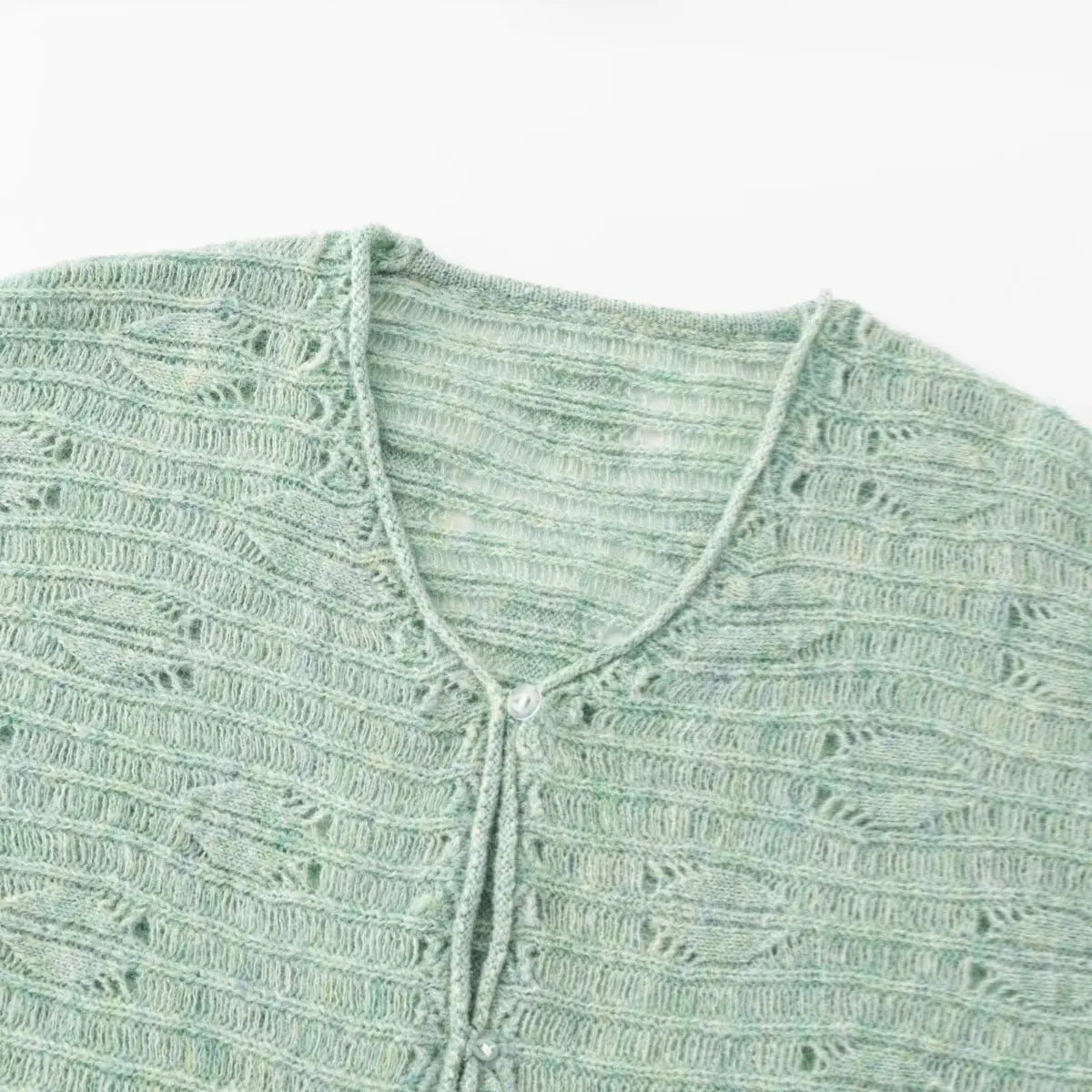 Close-up detail of the V-neckline and transparent buttons on a mint green openwork knit cardigan, showing the intricate lace pattern.