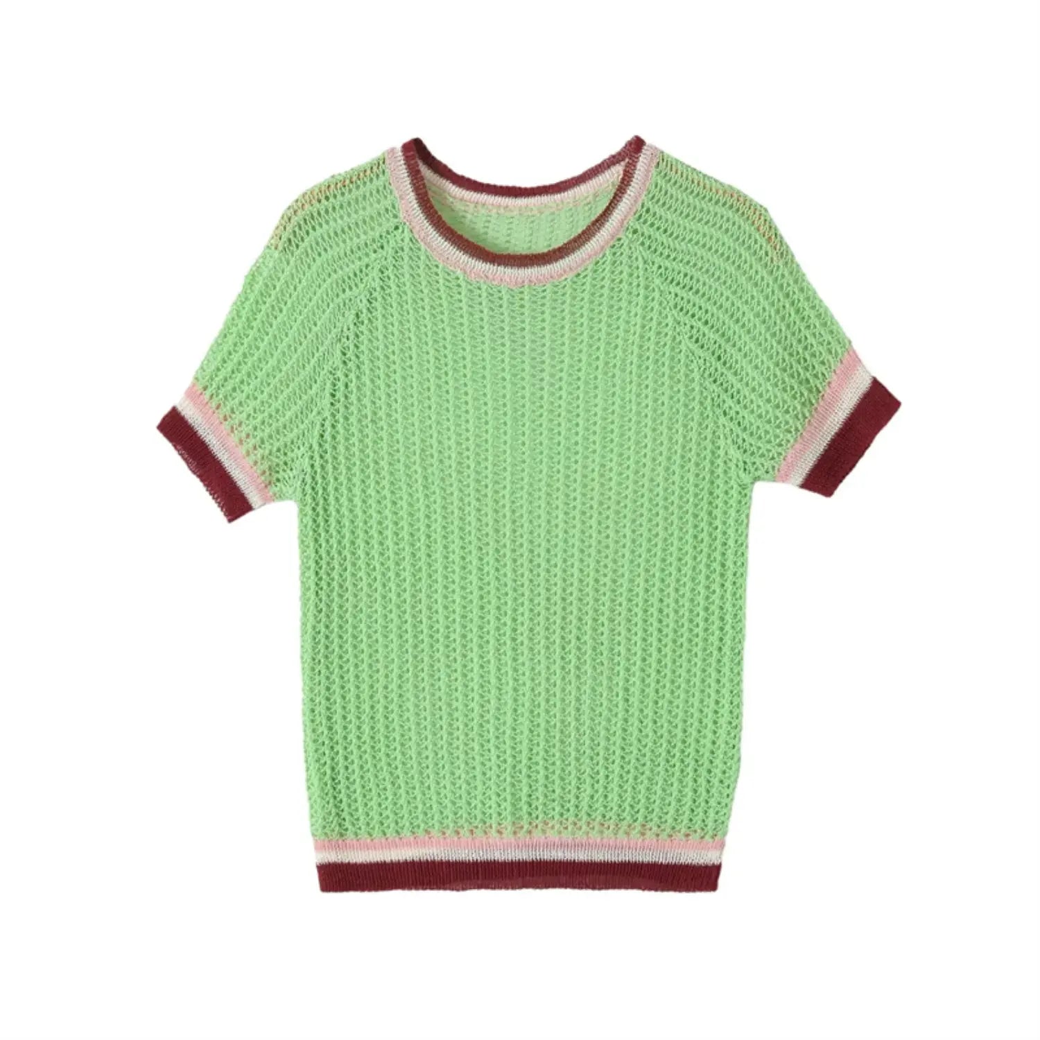Full front flat lay of light mint green short sleeve knit t-shirt, round neck, raglan sleeves, openwork mesh knit texture, color-block trim in pink, white and burgundy