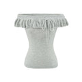 Mint green ruffle knit tube top half body indoor model shot, folded flounce off-shoulder drawstring neck slimming fit matched with denim soft daily outfit display