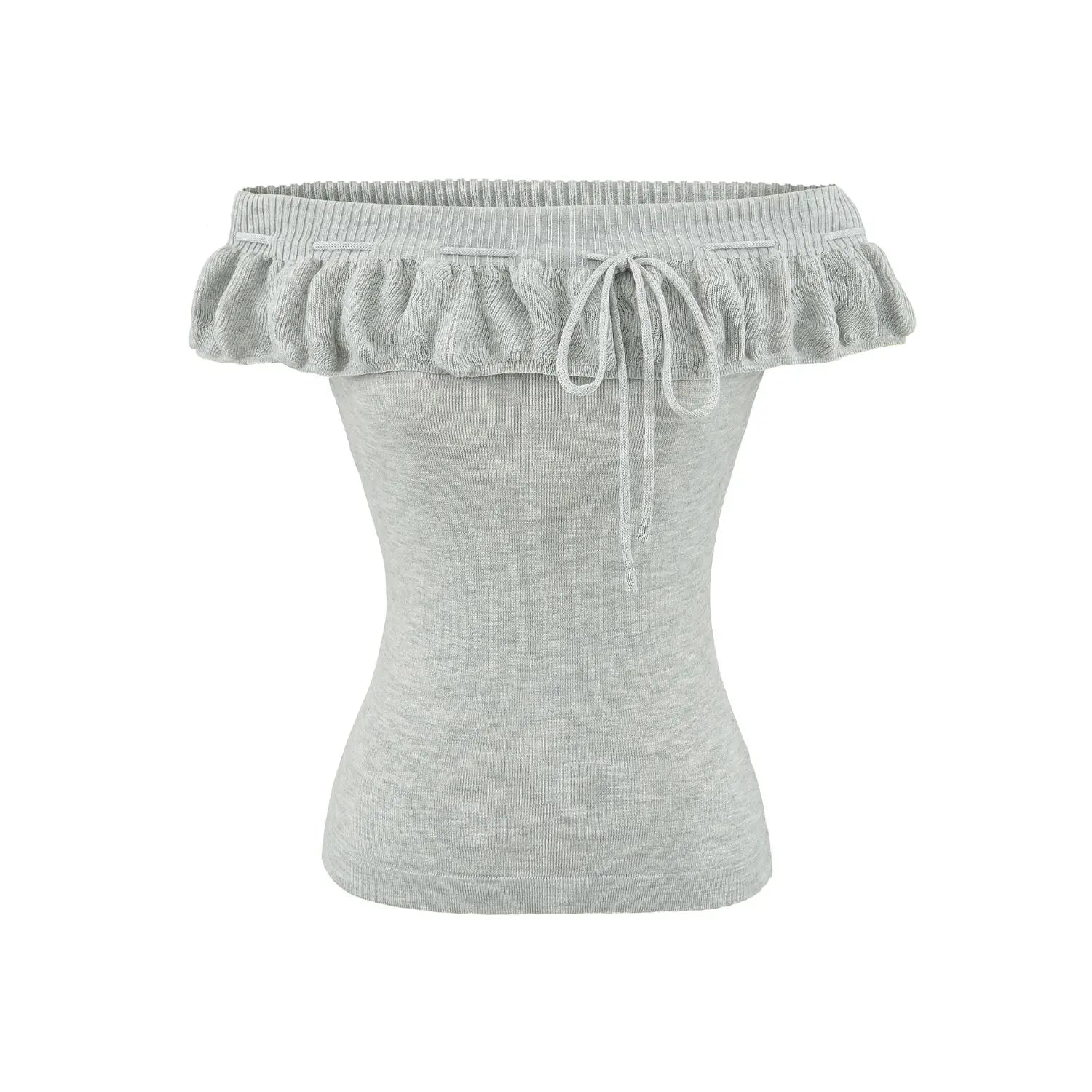 Mint green ruffle knit tube top half body indoor model shot, folded flounce off-shoulder drawstring neck slimming fit matched with denim soft daily outfit display