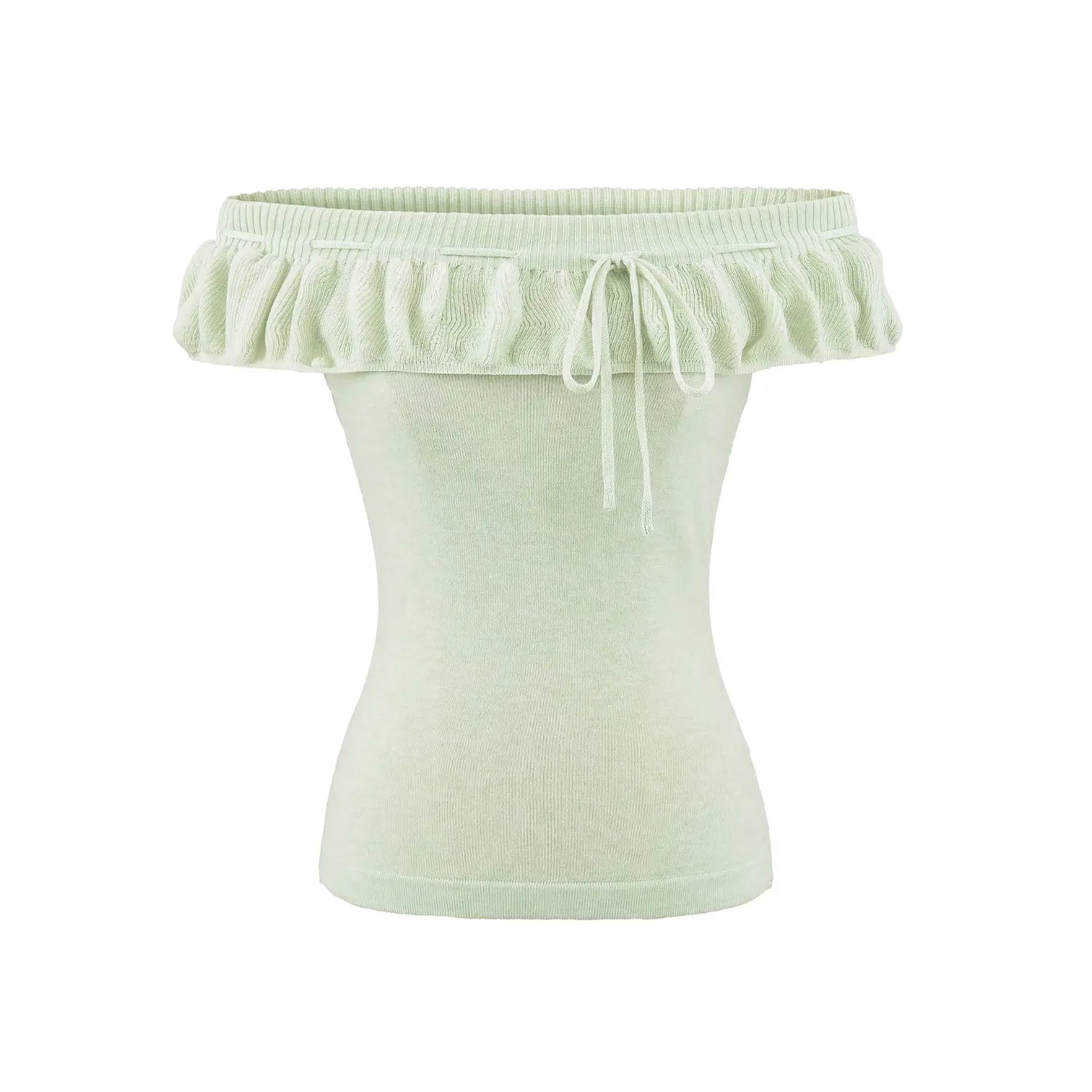 Mint green ruffle off shoulder knit tube top front plain white flat lay, folded flounce neck adjustable front drawstring slim waist cropped sleeveless knit cami main product shot