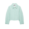 Official product front view mint tweed collared cropped jacket, full zip closure, rolled cuffs