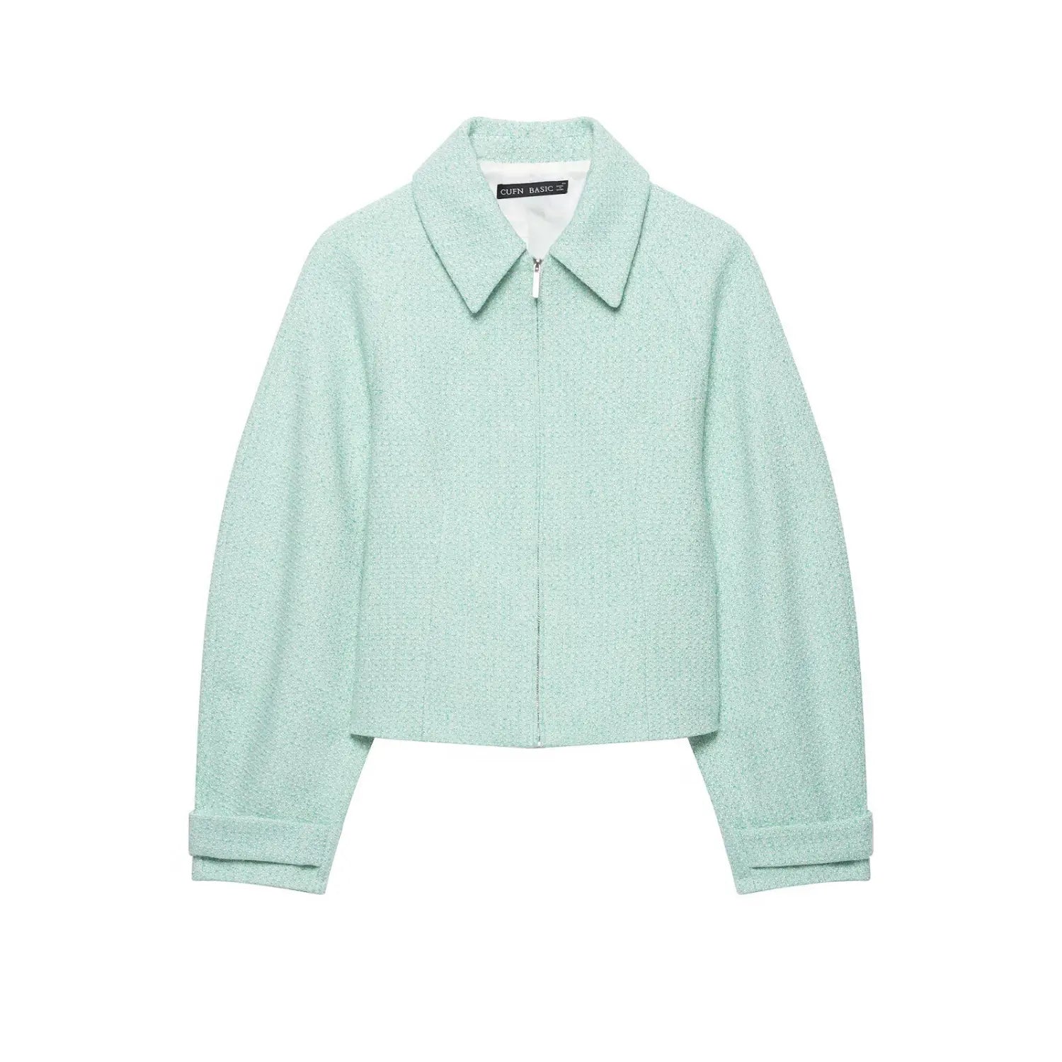 Official product front view mint tweed collared cropped jacket, full zip closure, rolled cuffs
