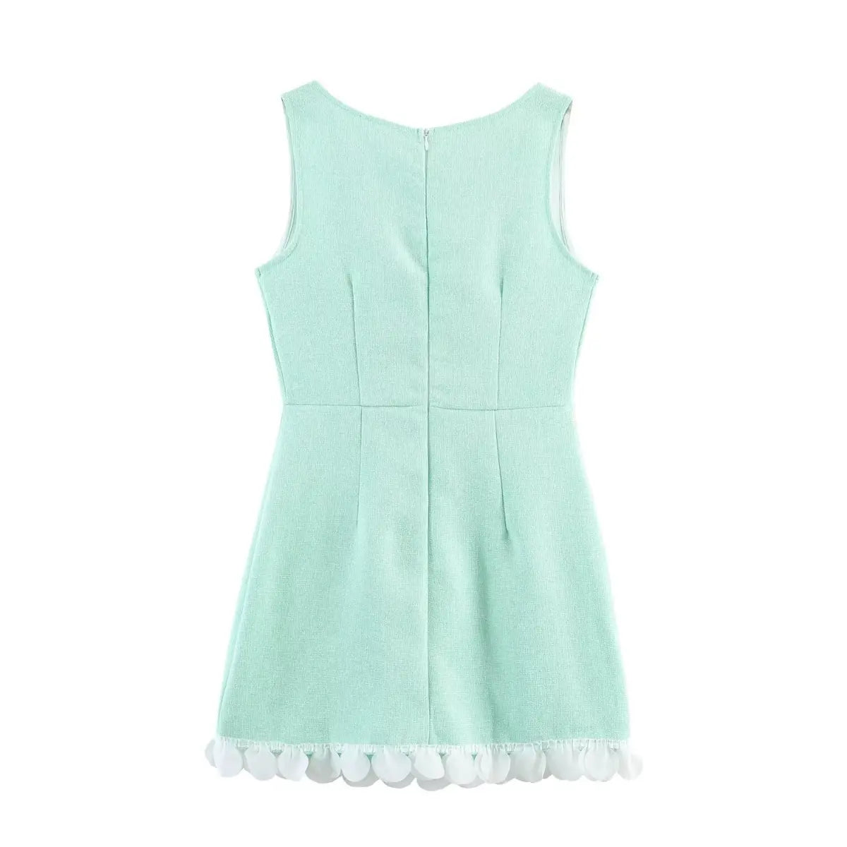 Full back view of a mint green tweed sleeveless mini dress with center-back zipper and petal hem trim.