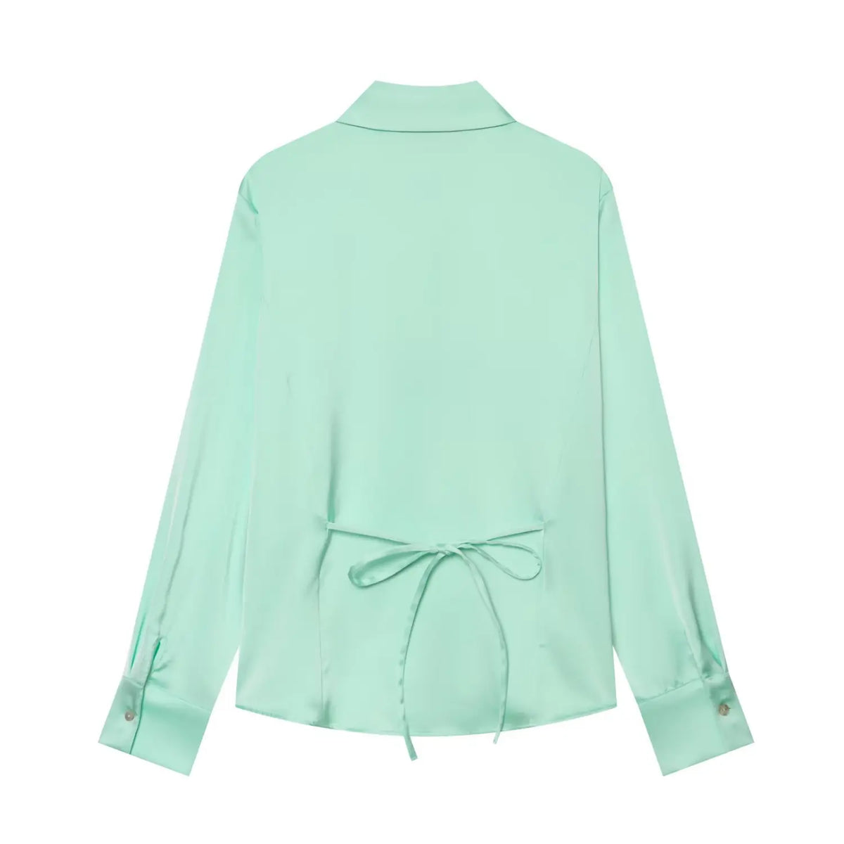 Mint satin collared blouse with back bow tie, back flat lay
