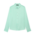 Mint satin collared button front blouse, front flat lay