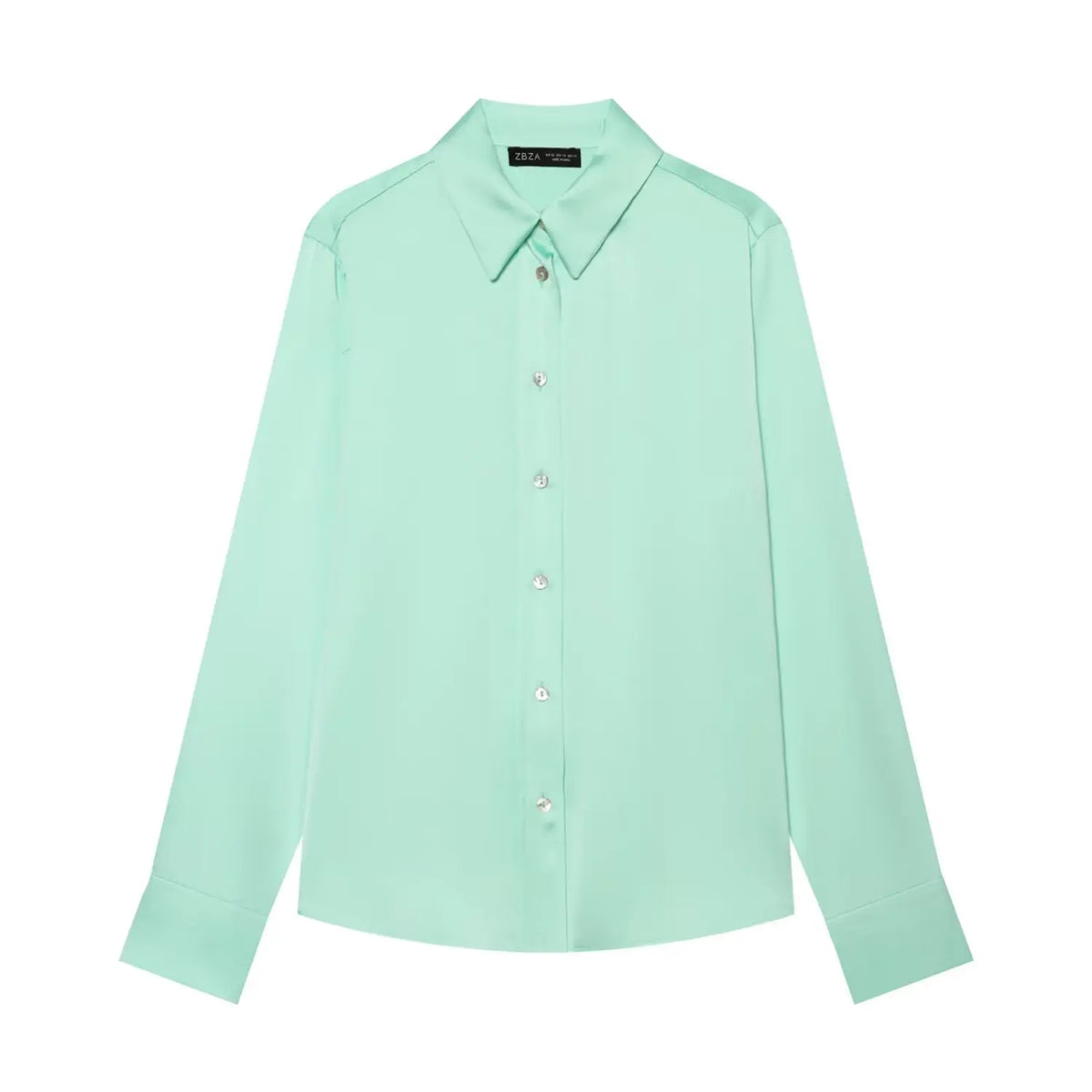 Mint satin collared button front blouse, front flat lay