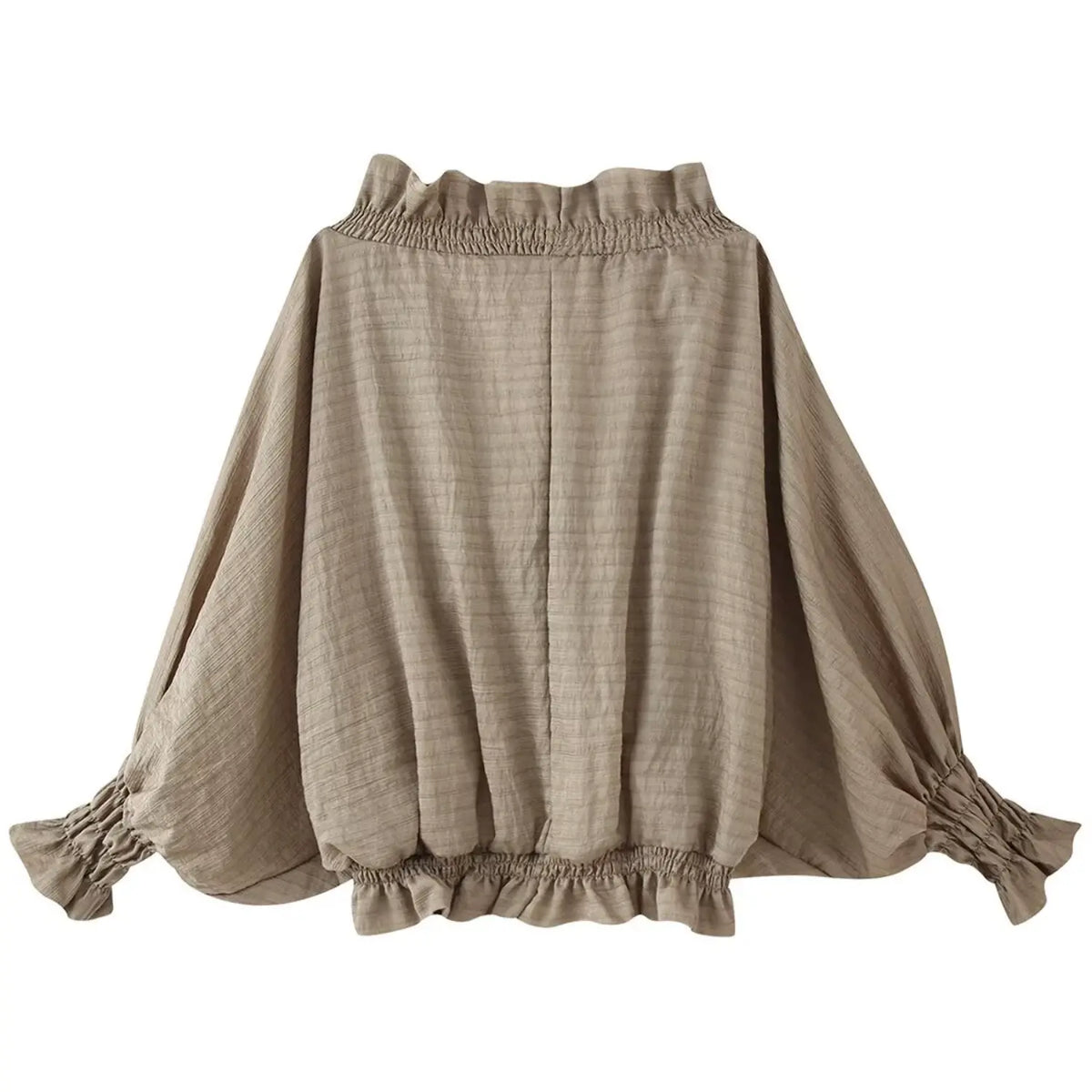 Back flat lay of mocha ruffle tie front smocked blouse