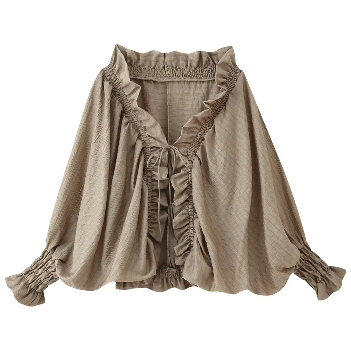 Front flat lay of mocha ruffle tie front smocked blouse